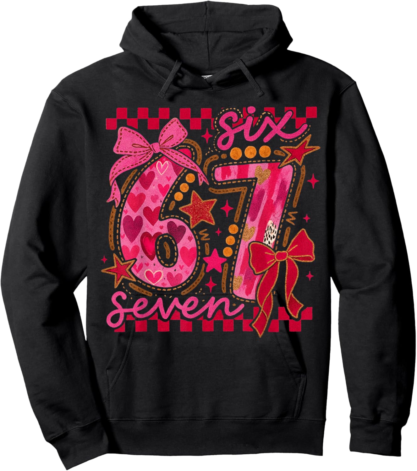 Six Seven Valentine 6 7 Meme Checkered Coquette Bow Hoodie - Hoodie | Black