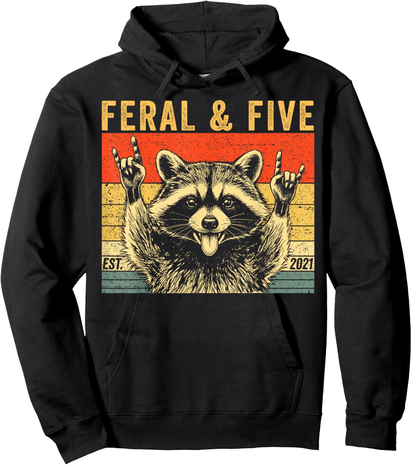 Feral and Five Raccoon Funny 5th Birthday Girls Boys Kids Hoodie - Hoodie | Black