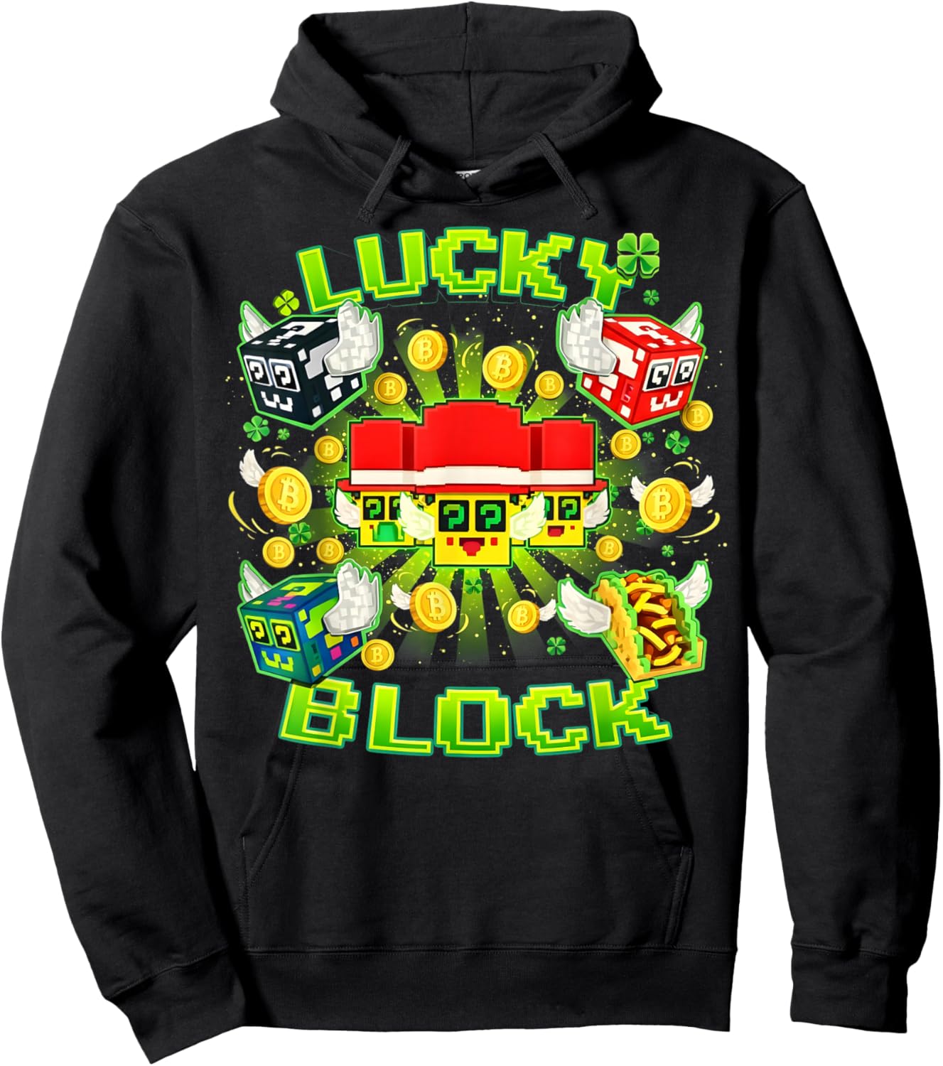 Lucky Block Brainrot St Patricks Day Shamrock Gift Boys Kids Hoodie - Hoodie | Black