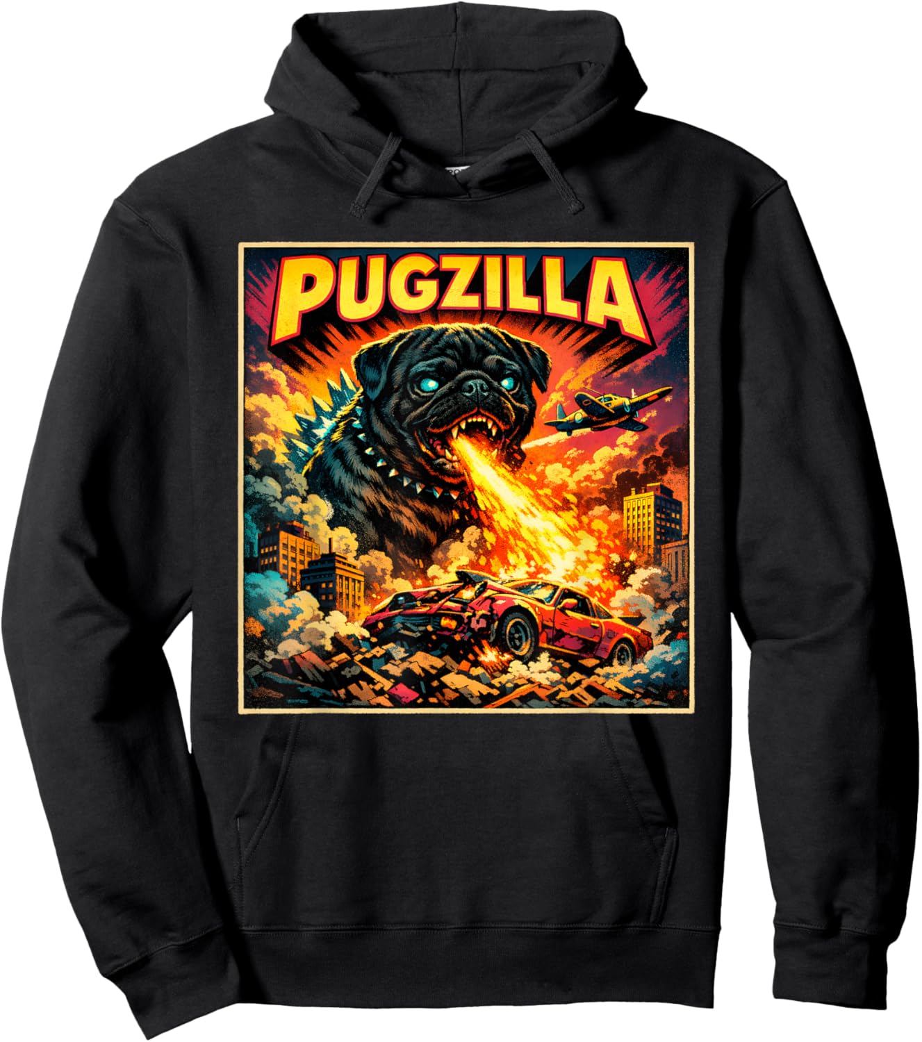 Retro Pugzilla Cute Pug Funny Youth Life from Dad Mom Meme Hoodie - Hoodie | Black