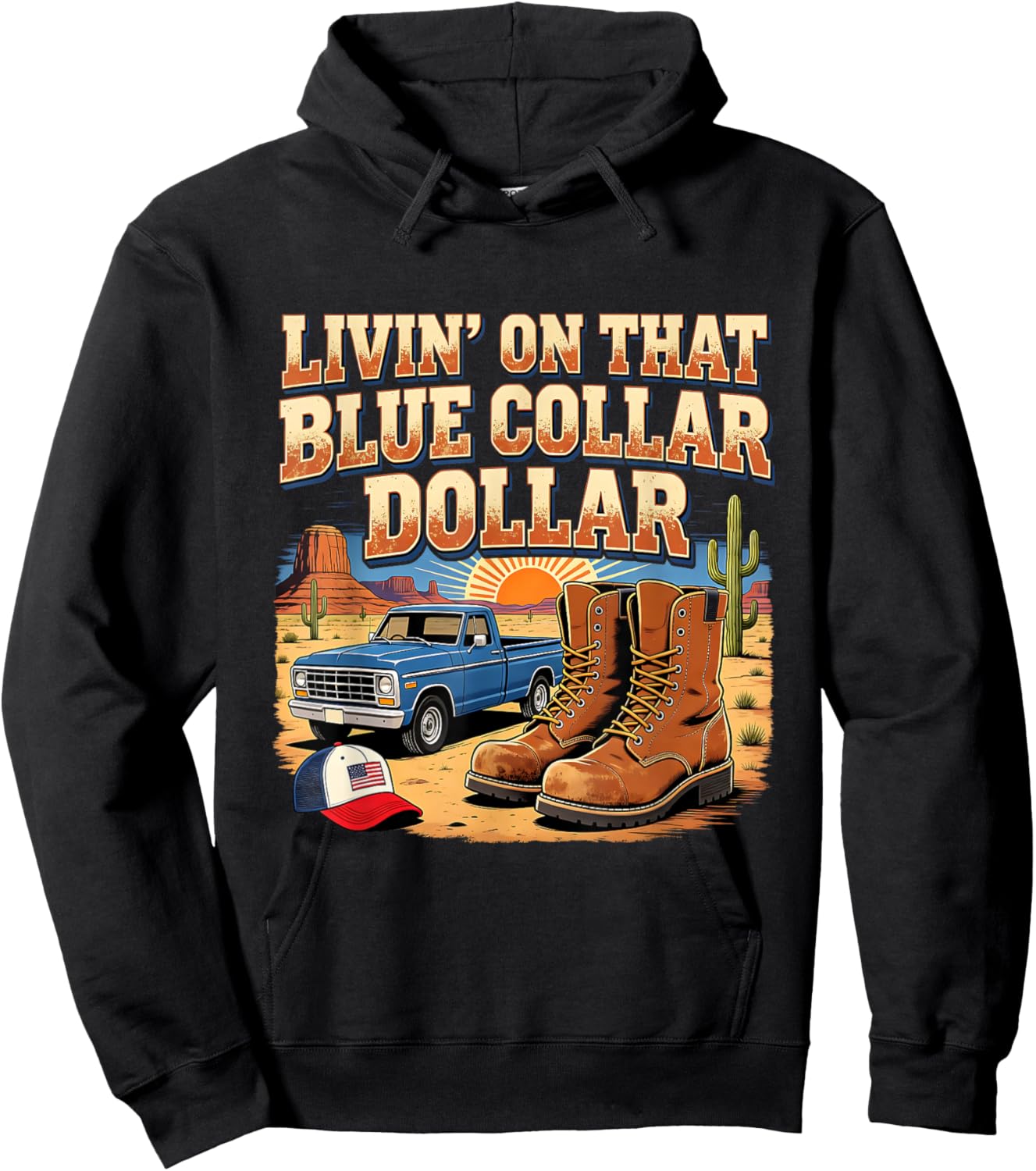 Retro Livin On That Blue Collar Dollar Western Art Hoodie - Hoodie | Black
