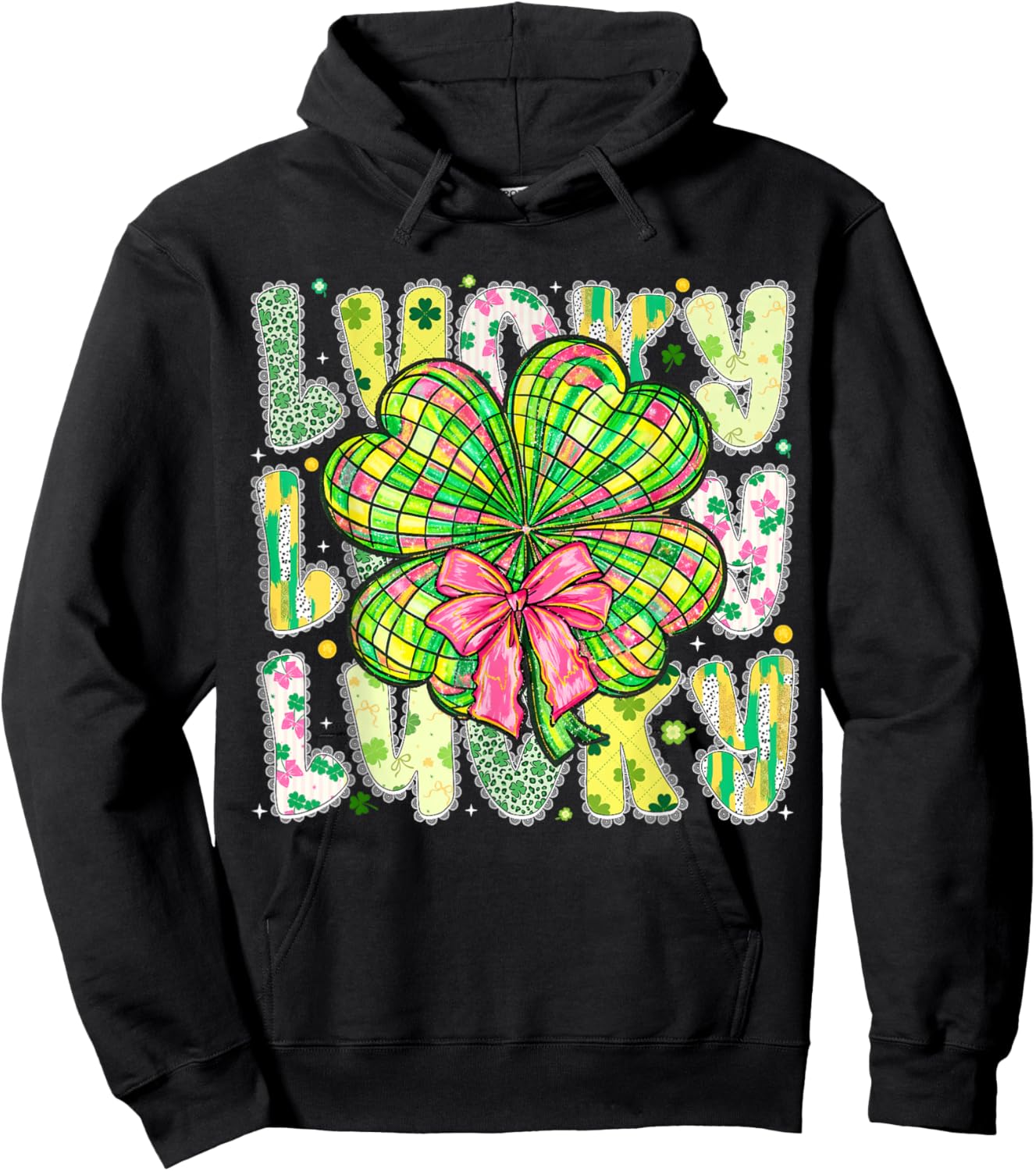 Lucky St Patricks Day Clover Coquette Bow Girl Women Kid Hoodie - Hoodie | Black