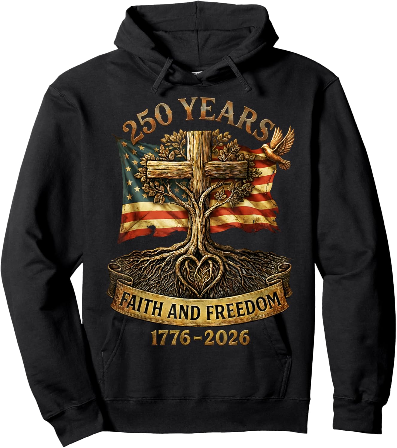 Flag Cross 250 Years Faith and Freedom 1776-2026 Hoodie - Hoodie | Black