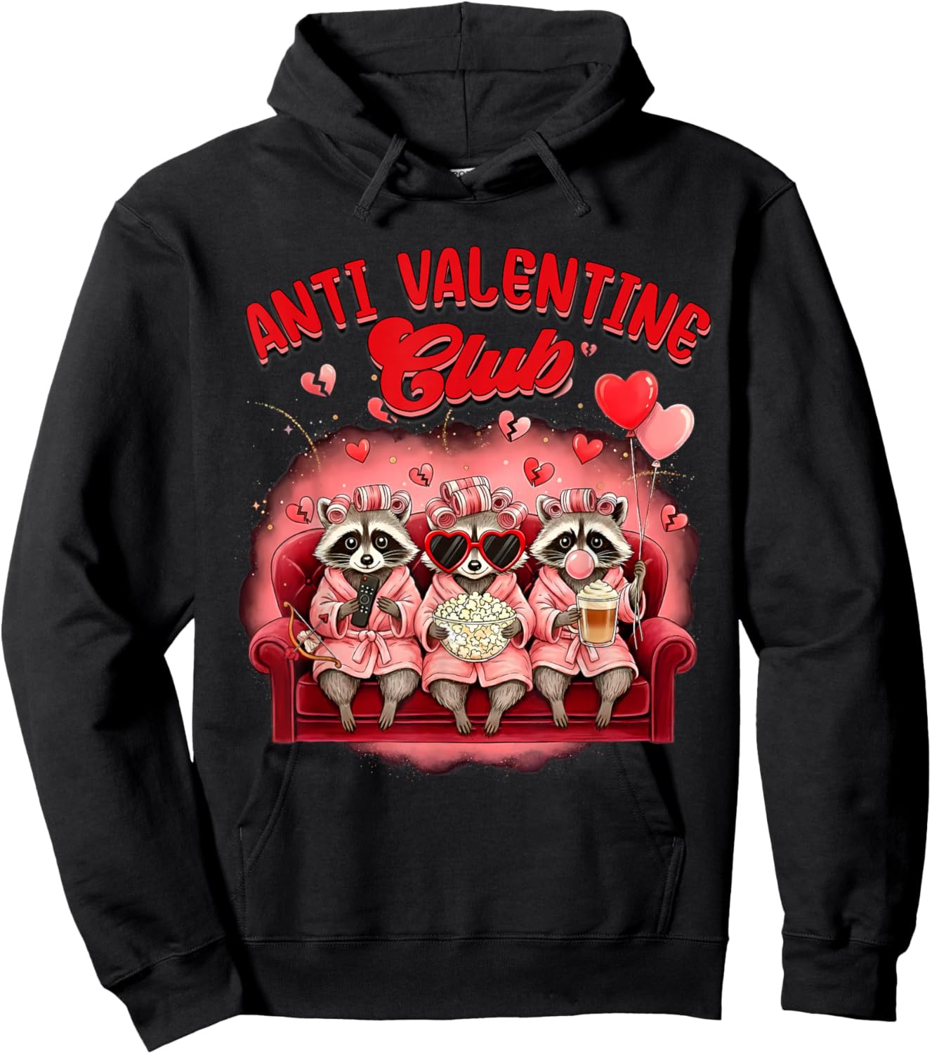 Valentines Racoon Galentine XOXO Besties Anti Valentine Club Hoodie - Hoodie | Black