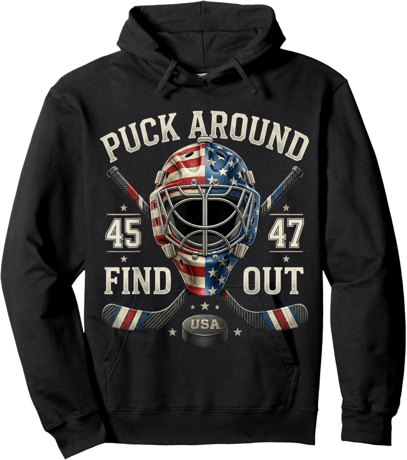 Funny Retro Puck Around and Find Out Funny Hockey Us Flag Hoodie - Hoodie | Black