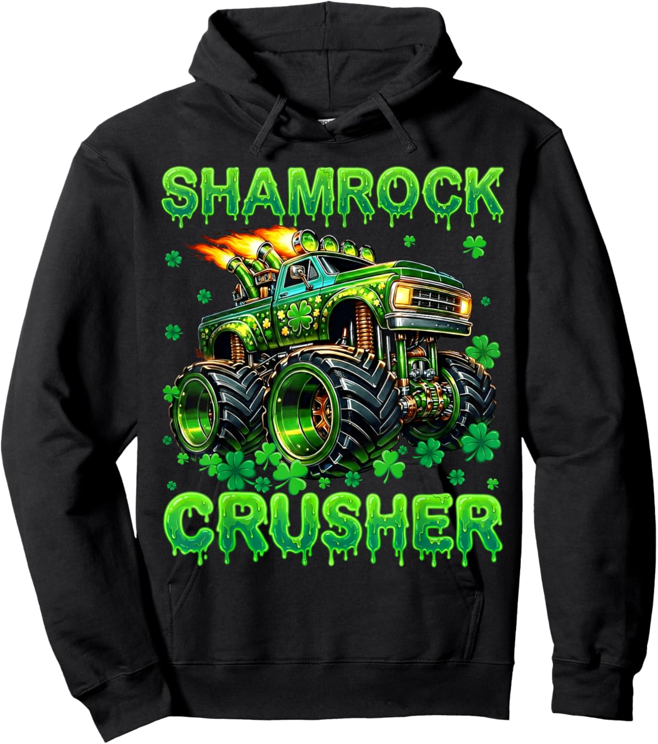 Shamrock Crusher Monster Truck Drip St Patricks Boy Toddler Hoodie - Hoodie | Black