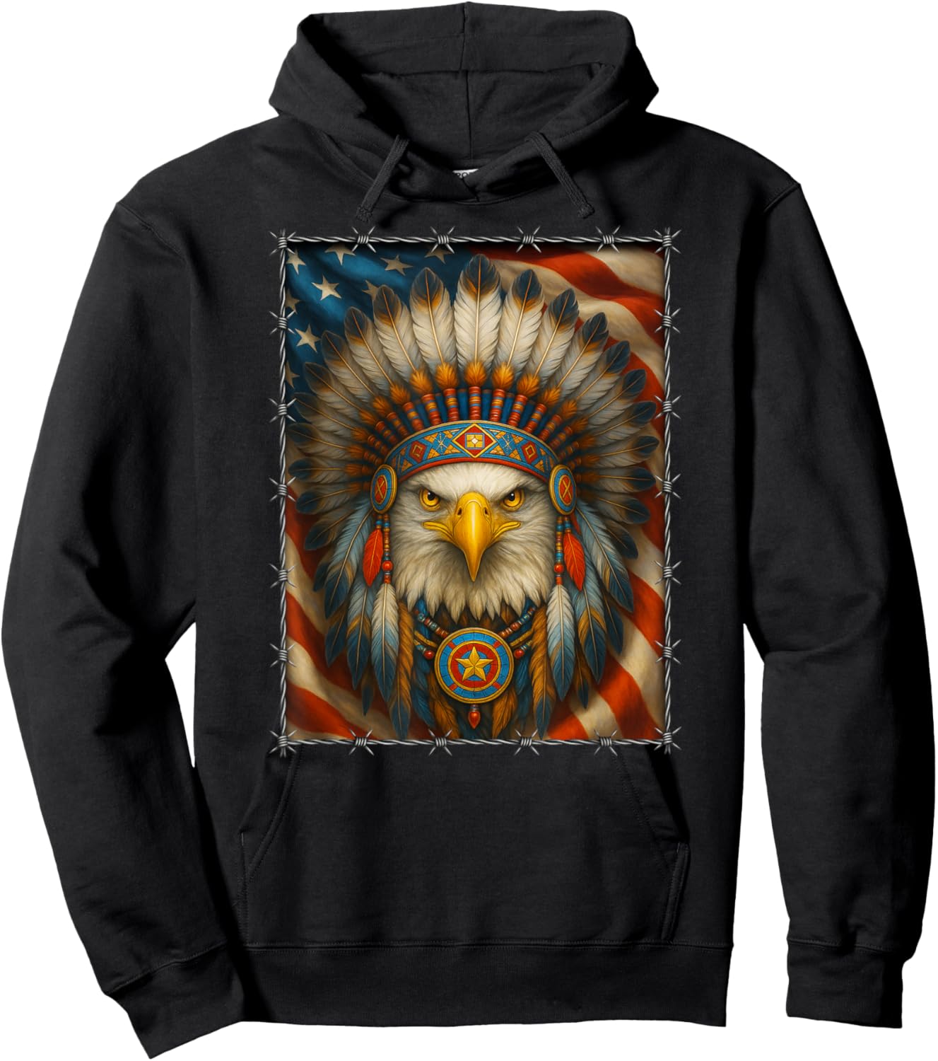 Native American - Indian Headdress Eagle - Navajo USA Flag Hoodie - Hoodie | Black