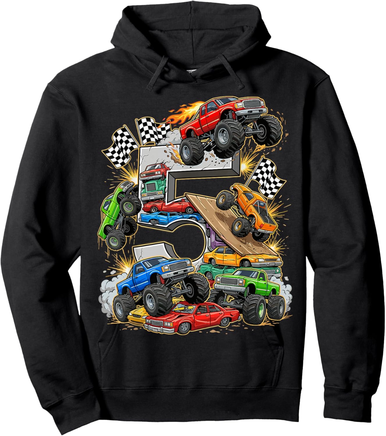 5th Birthday Monster Truck Racing Birthday Boy Party Hoodie - Hoodie | Black