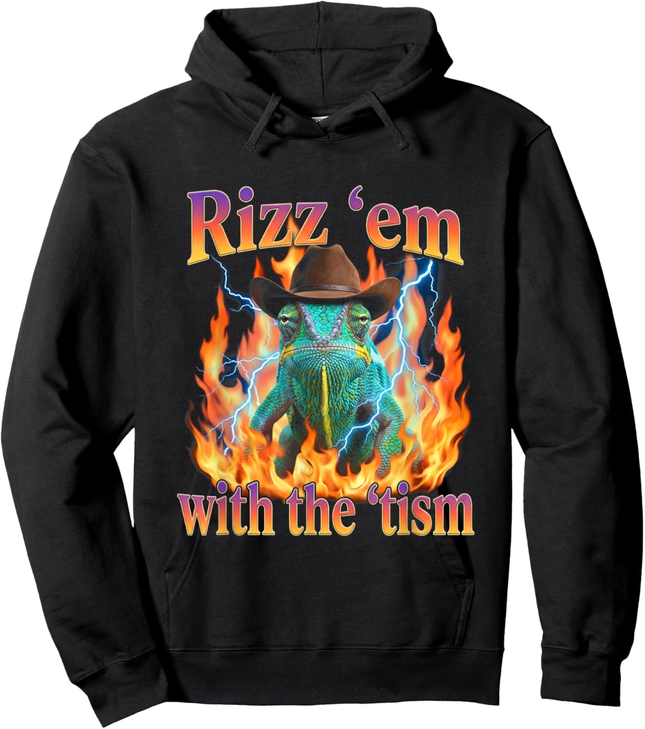 Rizz Em with The Tism Cowboy Chameleon Y2K Bootleg Hoodie - Hoodie | Black