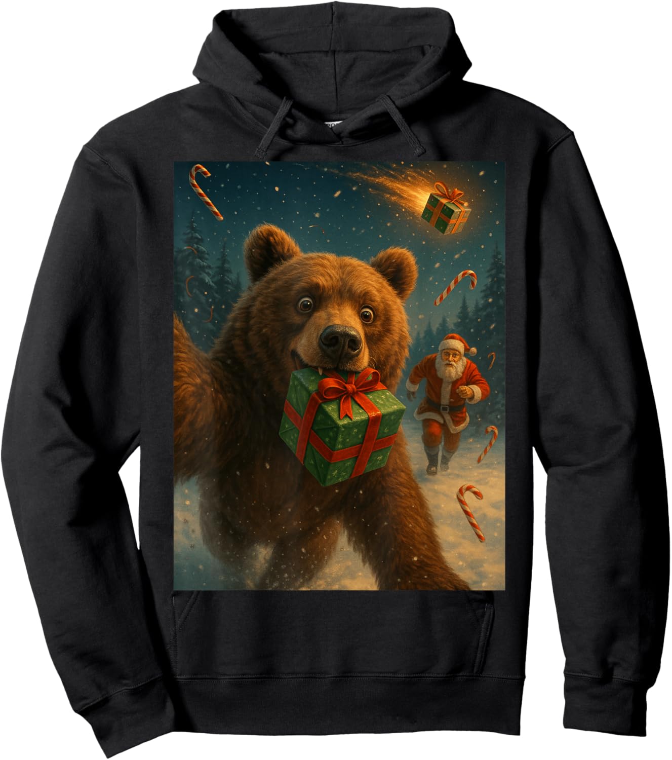 Christmas Bear Shirt - Funny Selfie with Santa Hoodie - Hoodie | Black