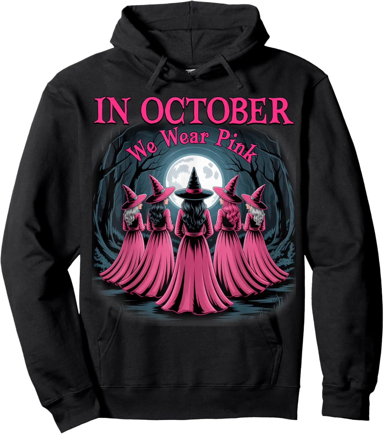 in October We Wear Pink Witch Halloween Breast Cancer Women Hoodie - Hoodie | Black