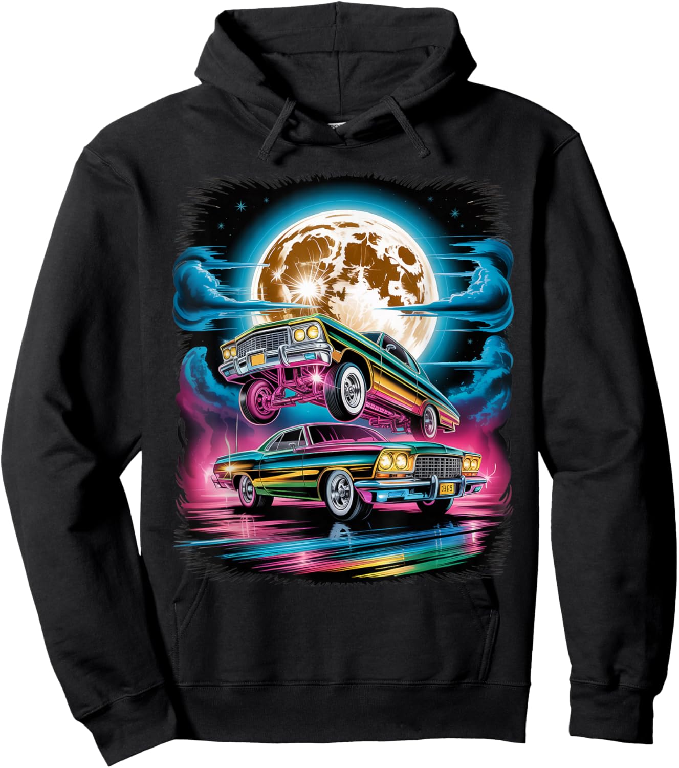 Vintage Retro 90s Airbrushed Classic Cars Under Full Moon Hoodie - Hoodie | Black