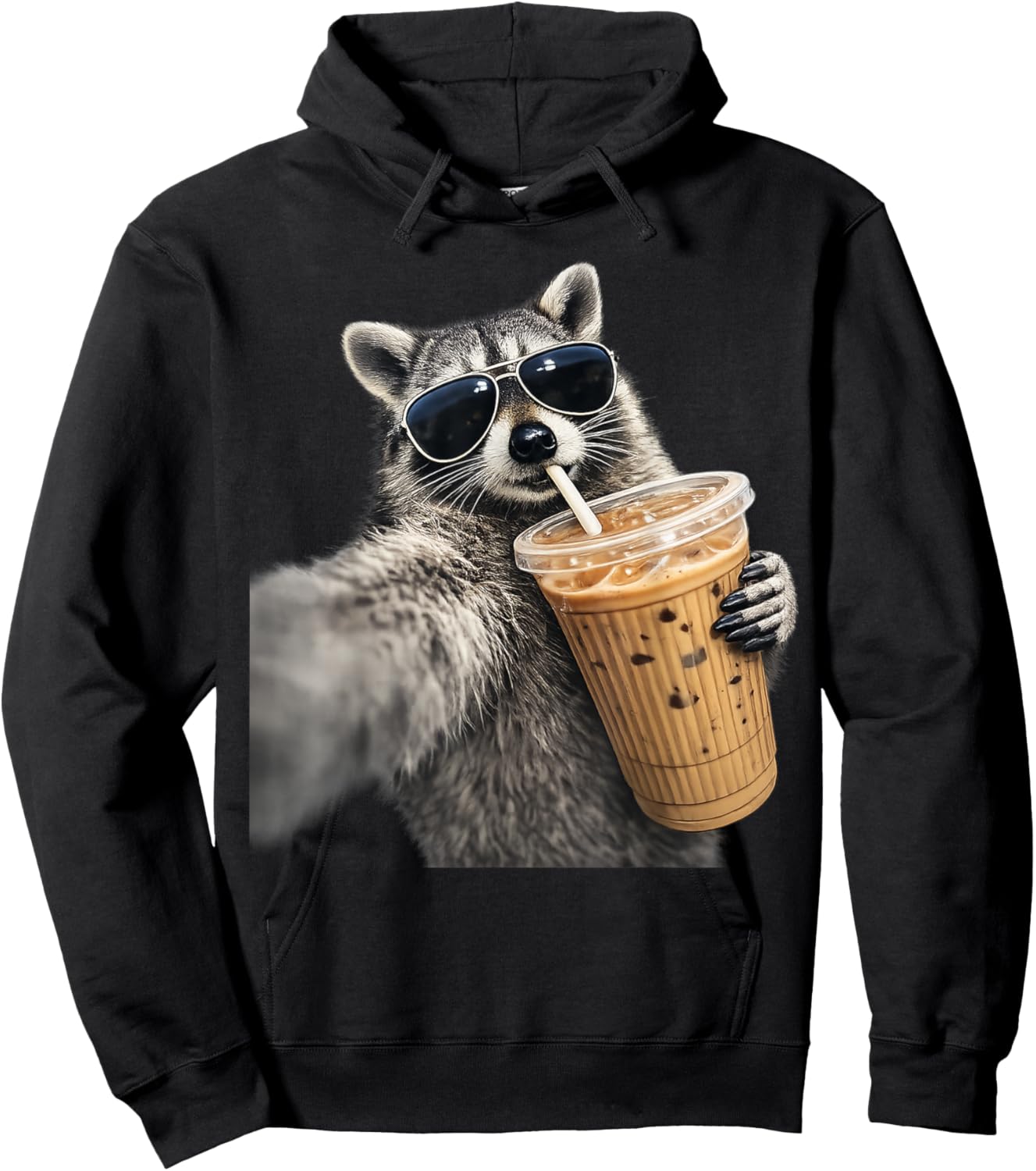 Funny Raccoon Drinking iced Coffee Hoodie - Hoodie | Black