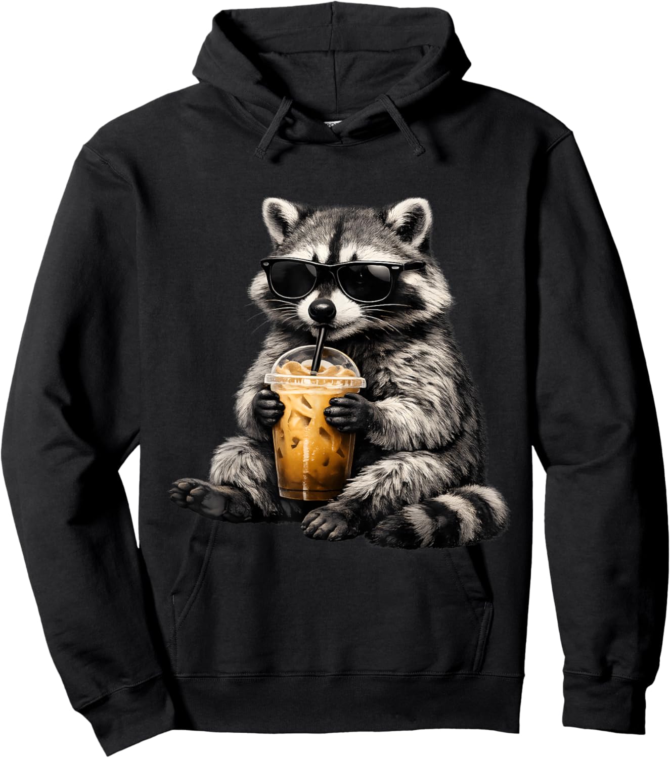Raccoon Drinking Iced Coffee Retro Cool Animal Humor Funny Hoodie - Hoodie | Black