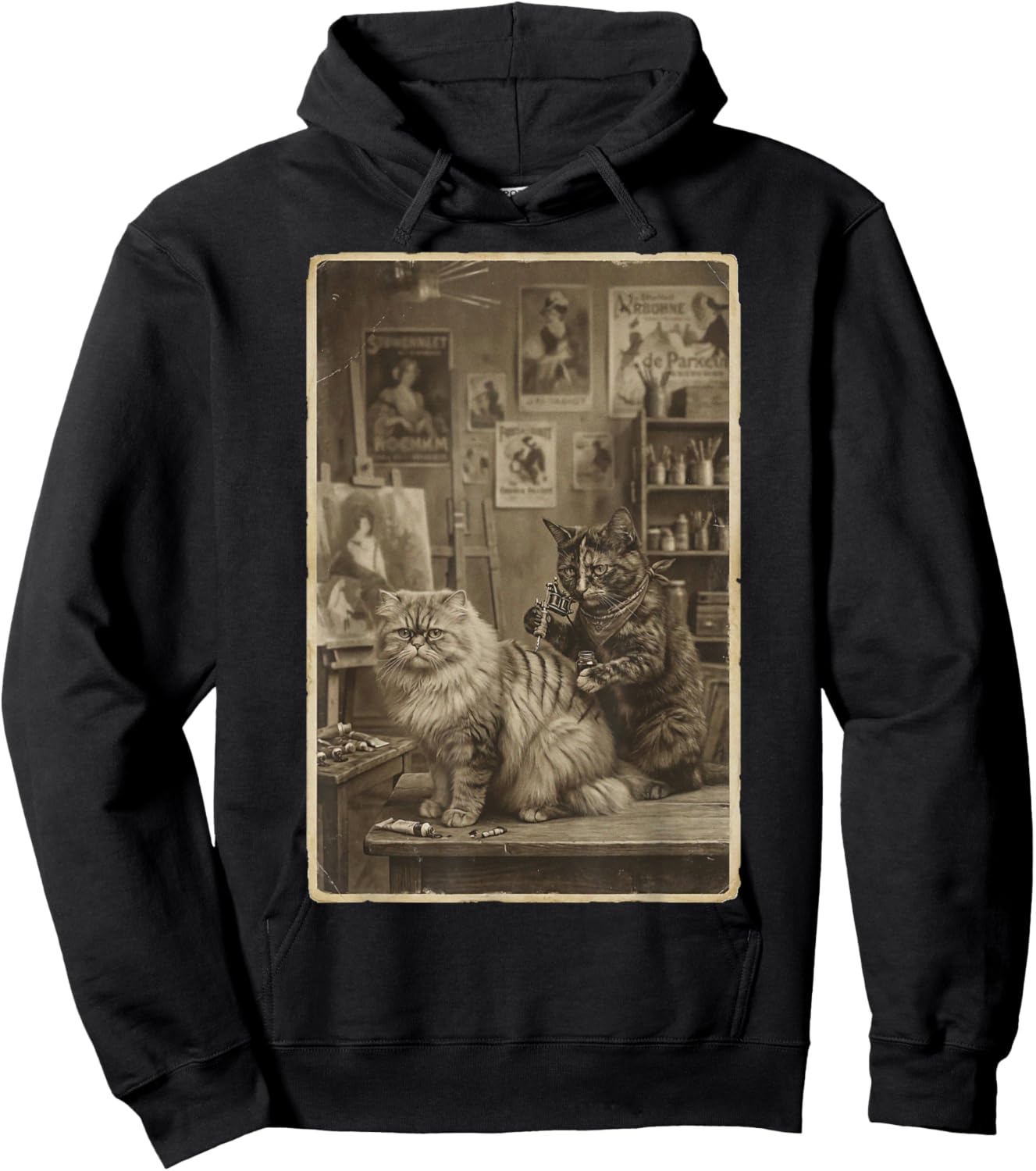 Vintage Sepia Cat Tattoo Artist – Funny Victorian Style Hoodie - Hoodie | Black