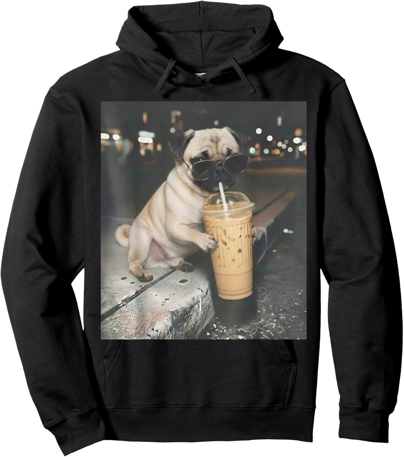Pug Drinking Iced Coffee Funny Animal Meme Dog Pug Lover Hoodie - Hoodie | Black