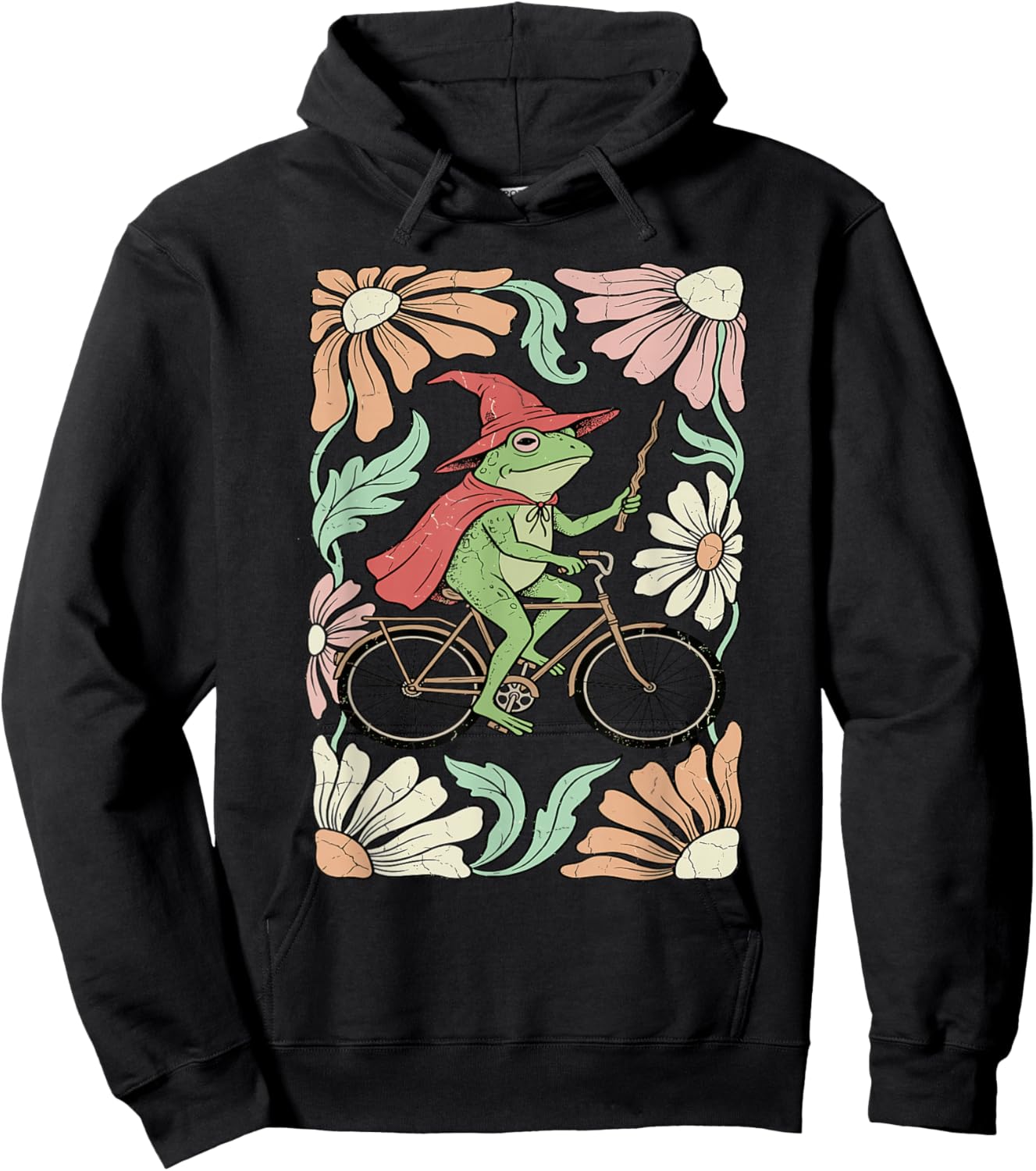 Whimsical Frog Wizard on Bicycle Vintage Floral Art Hoodie - Hoodie | Black