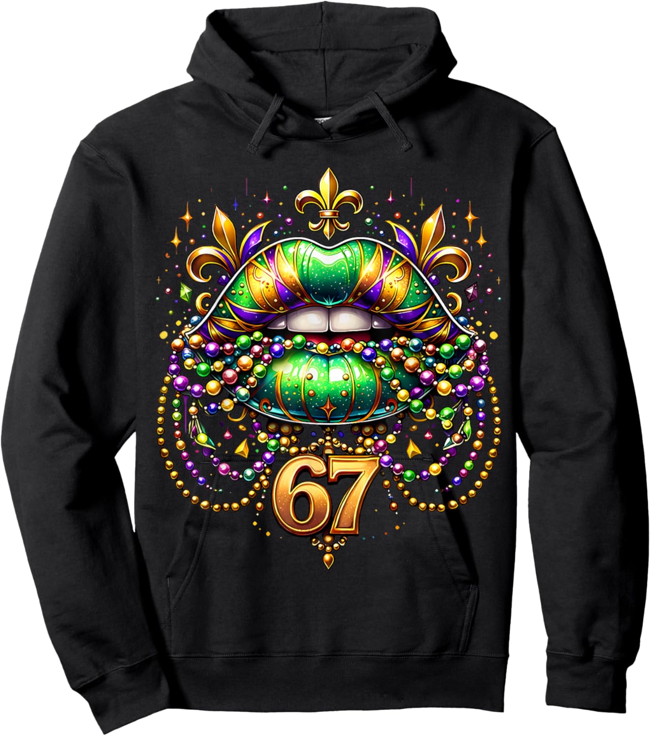 Funny 67 Mardi Gras Lips Meme 6 7 Beads Six Seven Women Girl Hoodie - Hoodie | Black