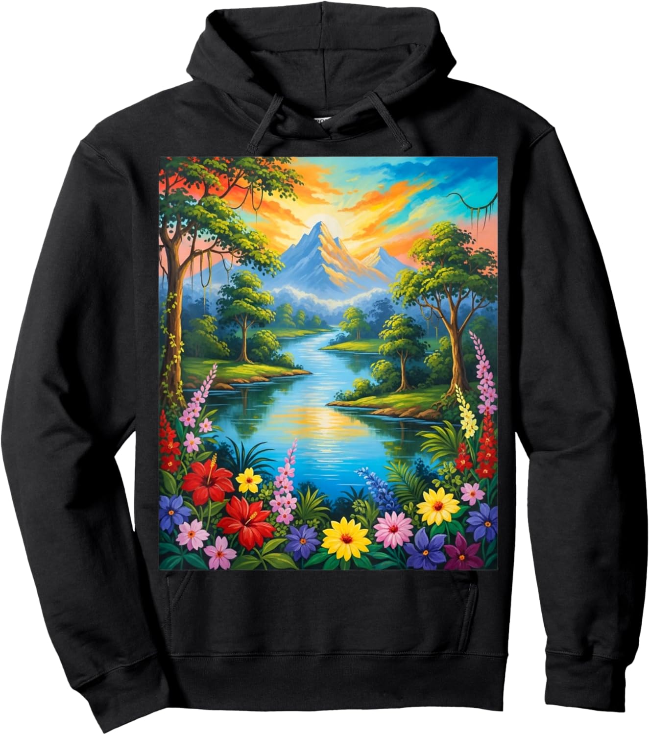 Nature Tropical Forest Trees Sun River Flowers Painting Art Hoodie - Hoodie | Black