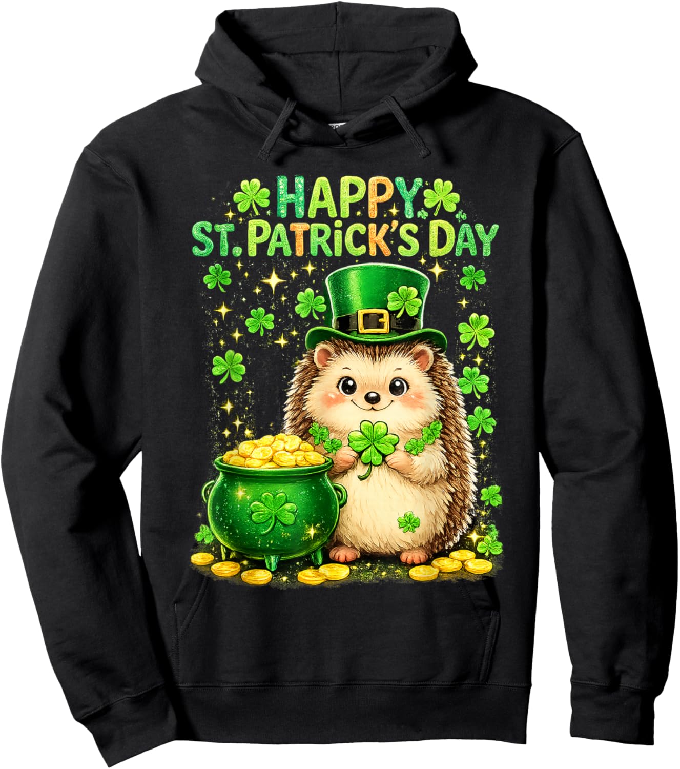 Happy St Patrick’s Day Cute Hedgehog Shamrock Funny Hoodie - Hoodie | Black