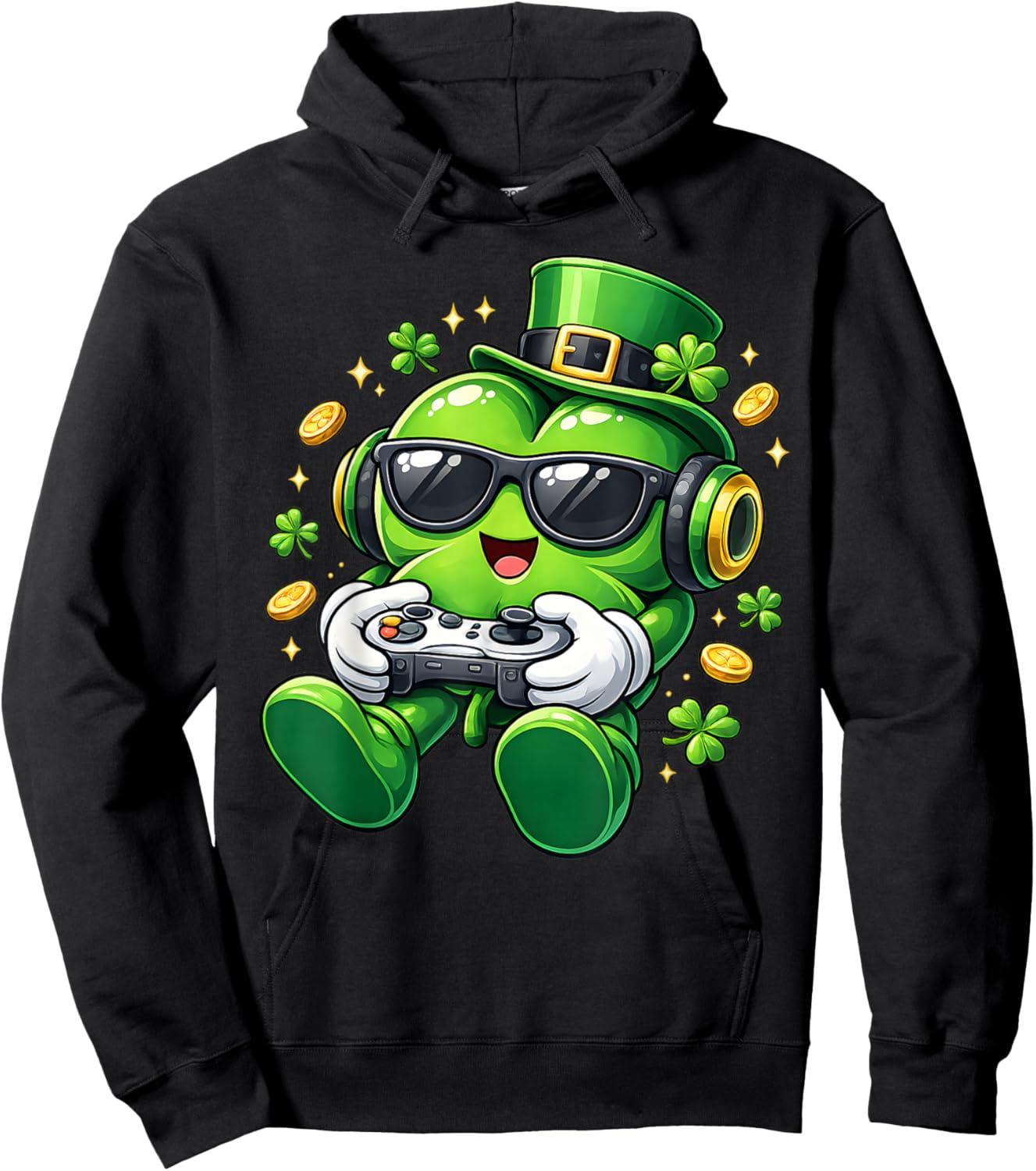 Video Game Shamrock St Patricks Day Gamer Boys Kids Gaming Hoodie - Hoodie | Black