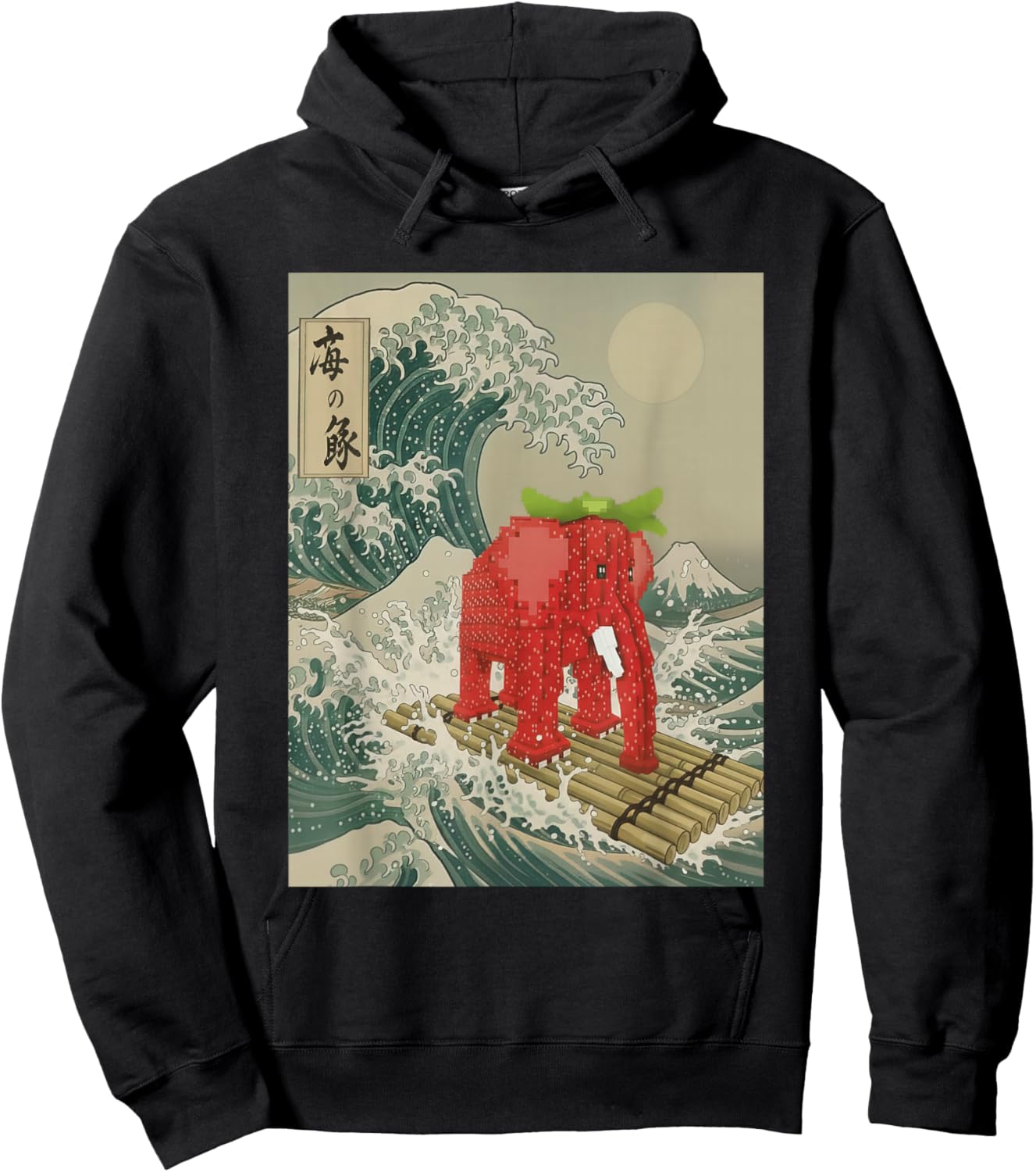 Funny Strawberry Elephant Brainrot - Great Wave Off Kanagawa Hoodie - Hoodie | Black