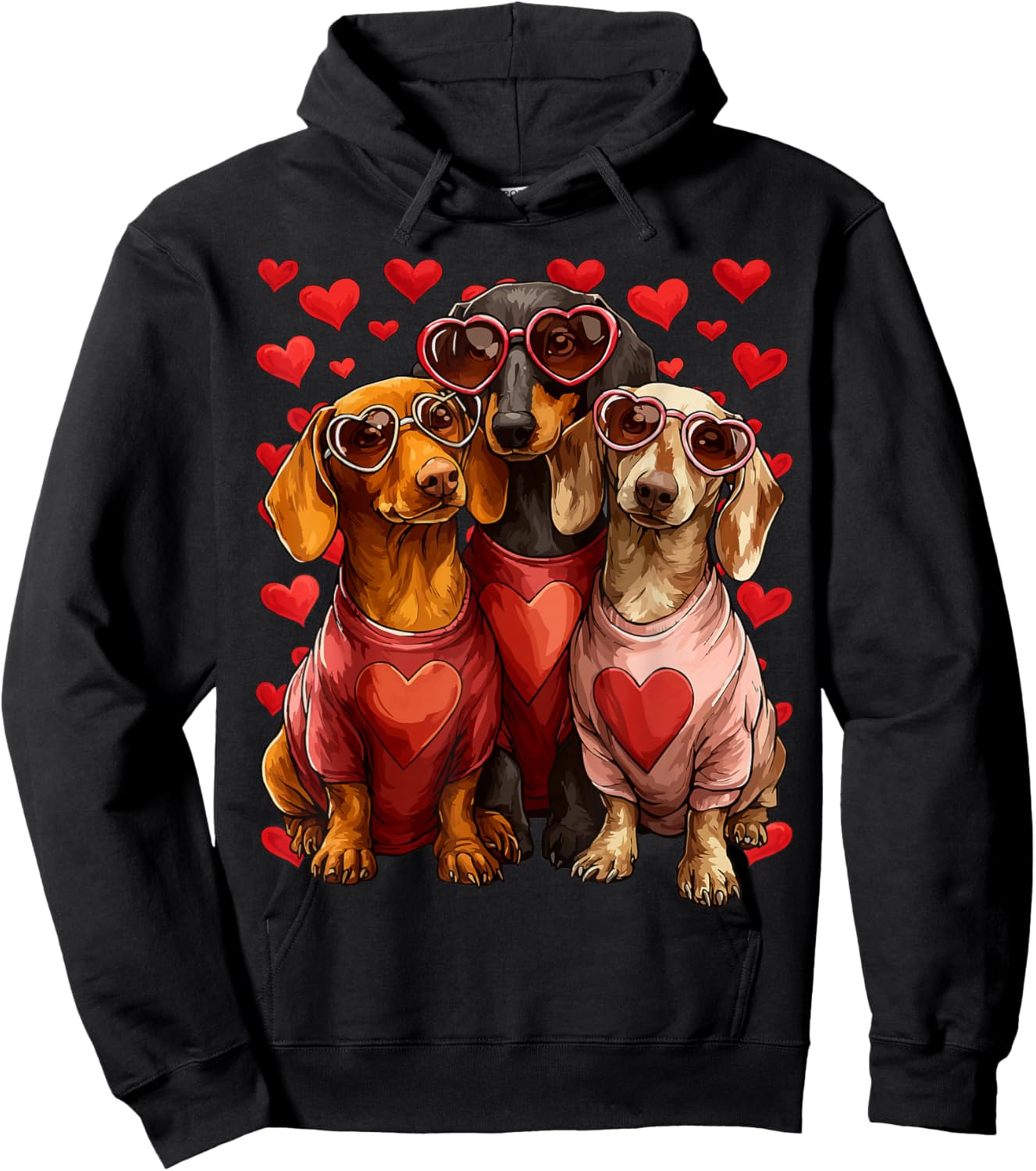 Cute Dachshunds Dogs with Heart Sunglasses Valentines Day Hoodie - Hoodie | Black