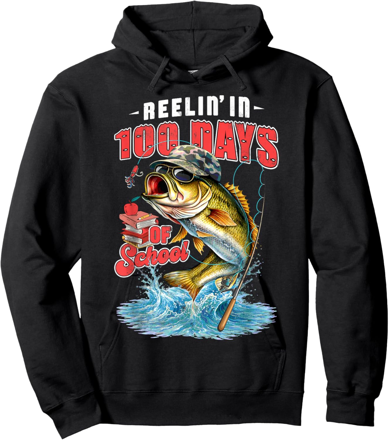 Reelin’ in 100 Days of School Camo Bass Fishing Teacher Boys Hoodie - Hoodie | Black