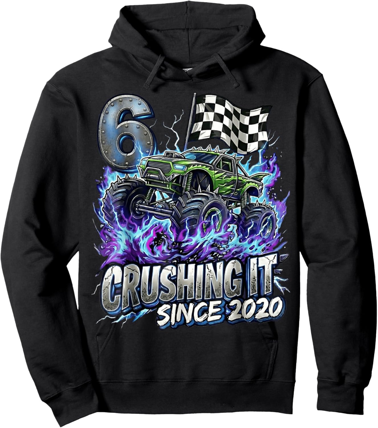 6th Birthday Monster Truck 6 Years Old Boys Kids Born 2020 Hoodie - Hoodie | Black