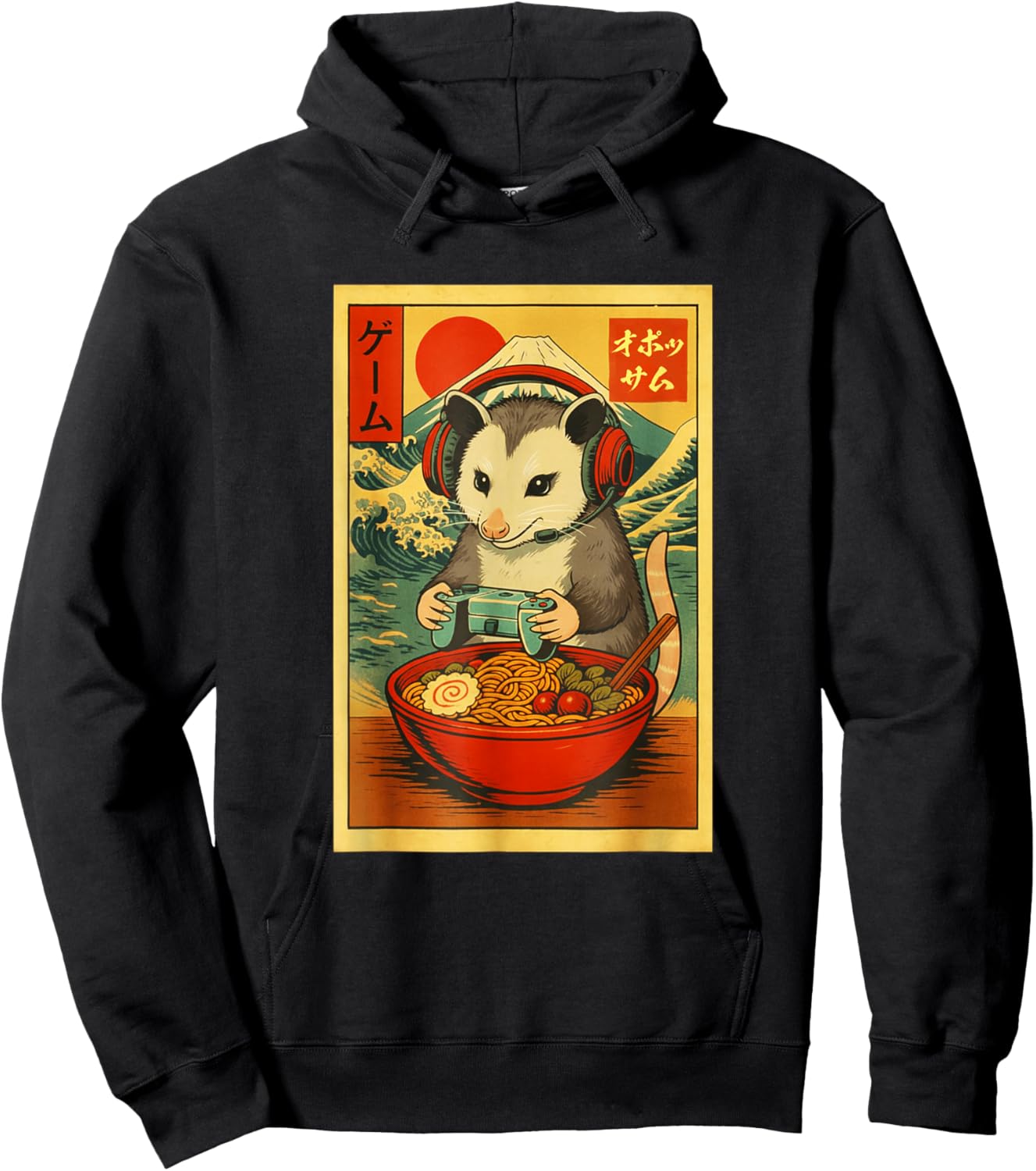 Opossum Gaming Ramen Japanese Ukiyo-e Great Wave Retro Art Hoodie - Hoodie | Black
