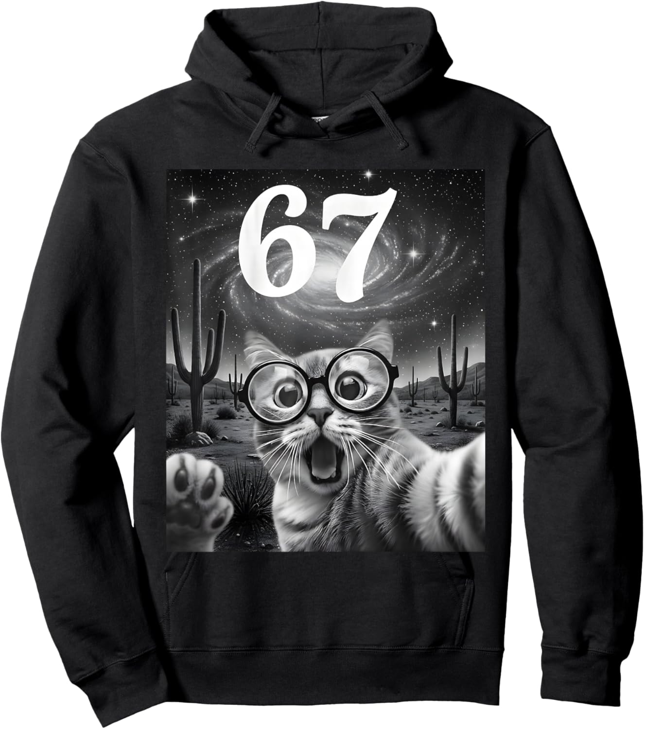 Funny Scared Cat Selfie with 6 7 Meme Women Kid Hoodie - Hoodie | Black