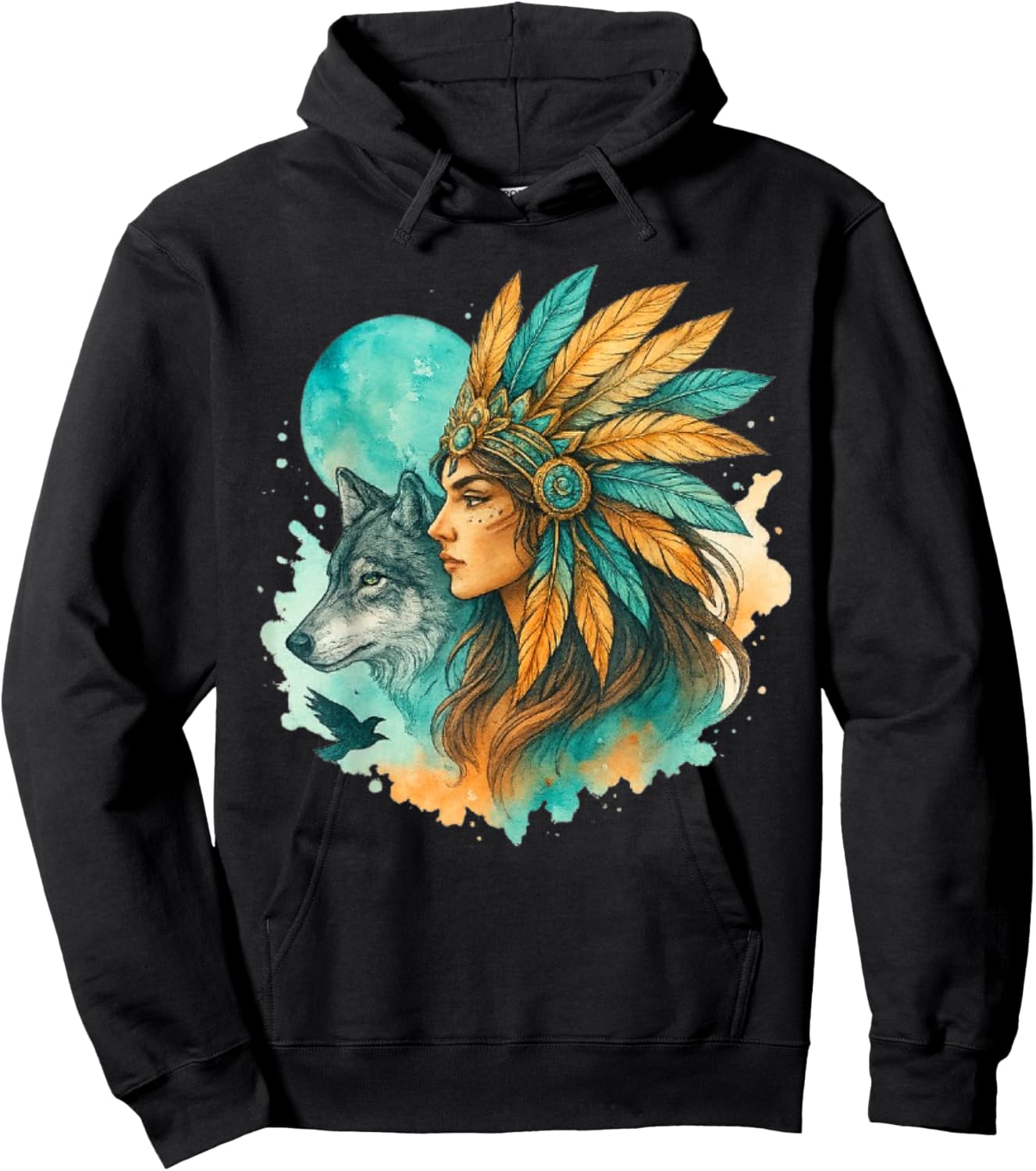 Indian Native American Woman with White Wolf Vitage Gifts Hoodie - Hoodie | Black