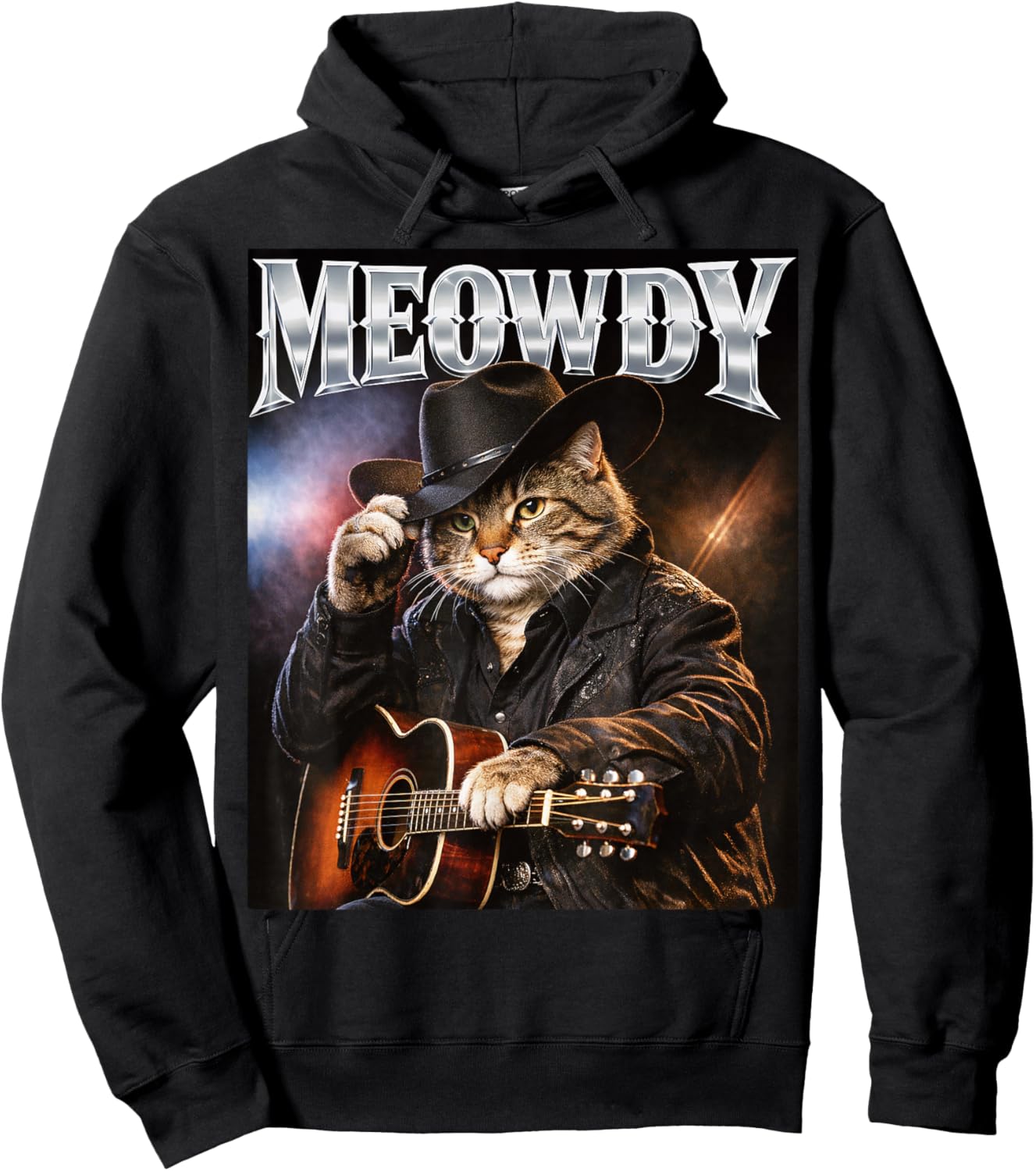 Meowdy Funny Cat Country Singer 80s and 90s Retro Hoodie - Hoodie | Black