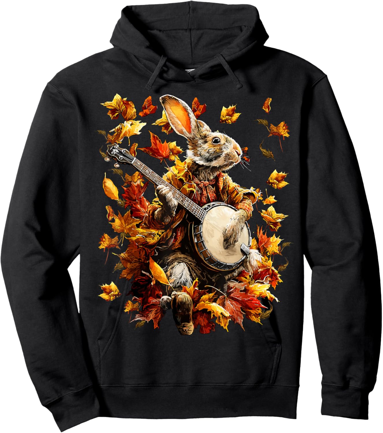 Banjoist Rabbit Playing Banjo Picker Fall Leaves Autumn Art Hoodie - Hoodie | Black