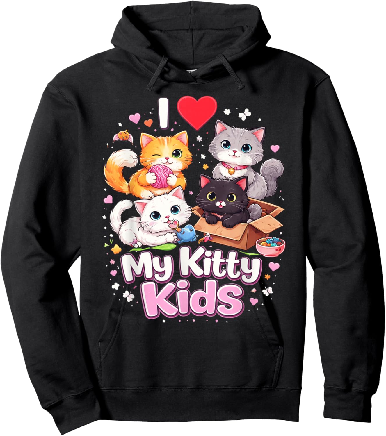 I Love My Kitty Kids Cute Cat Graphic Hoodie - Hoodie | Black