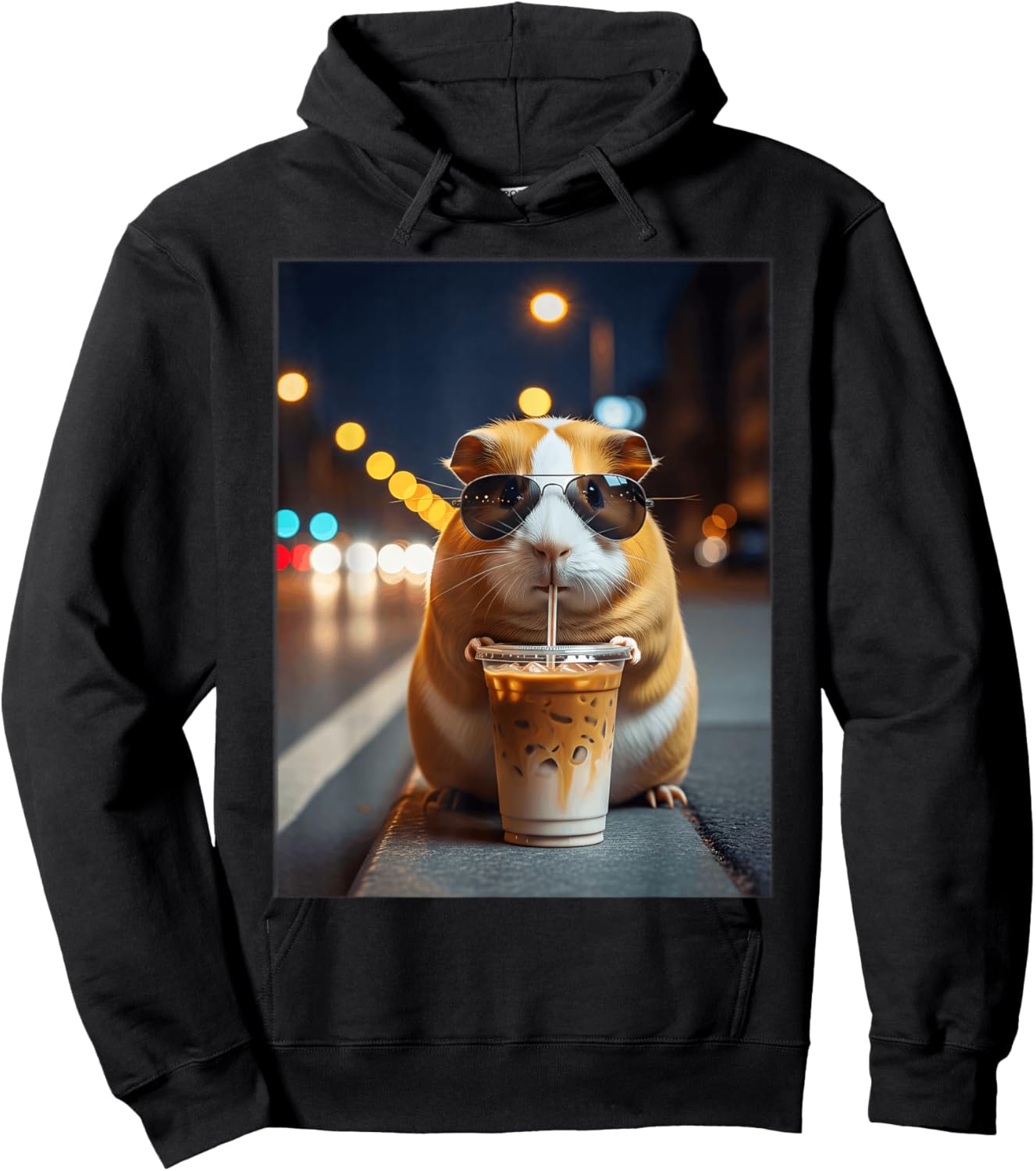 Funny Guinea Pig Drinking Iced Coffee Meme Hoodie - Hoodie | Black