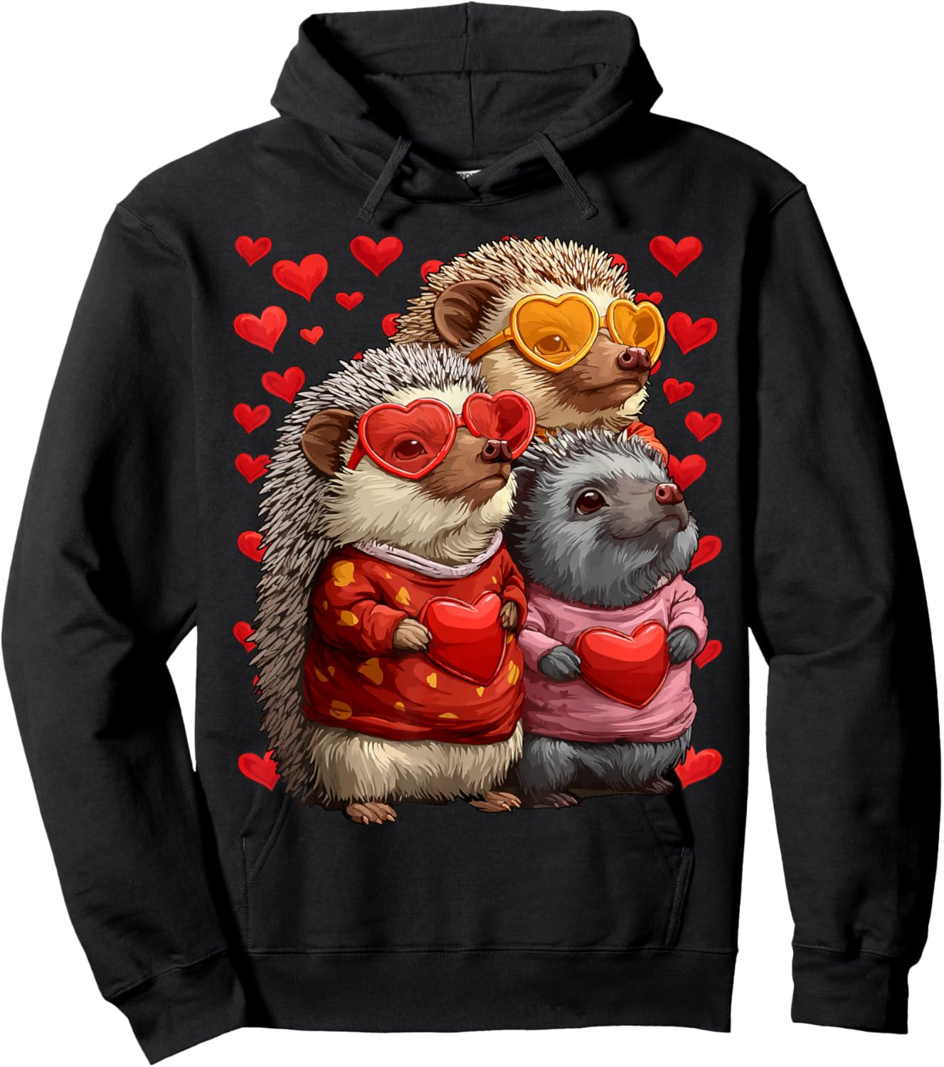 Cute Hedgehogs with Heart Sunglasses Valentines Day Hearts Hoodie - Hoodie | Black