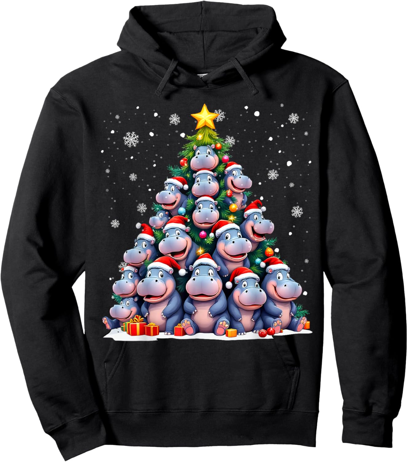 Funny Christmas Tree Hippo Family Xmas Pajamas Hoodie - Hoodie | Black