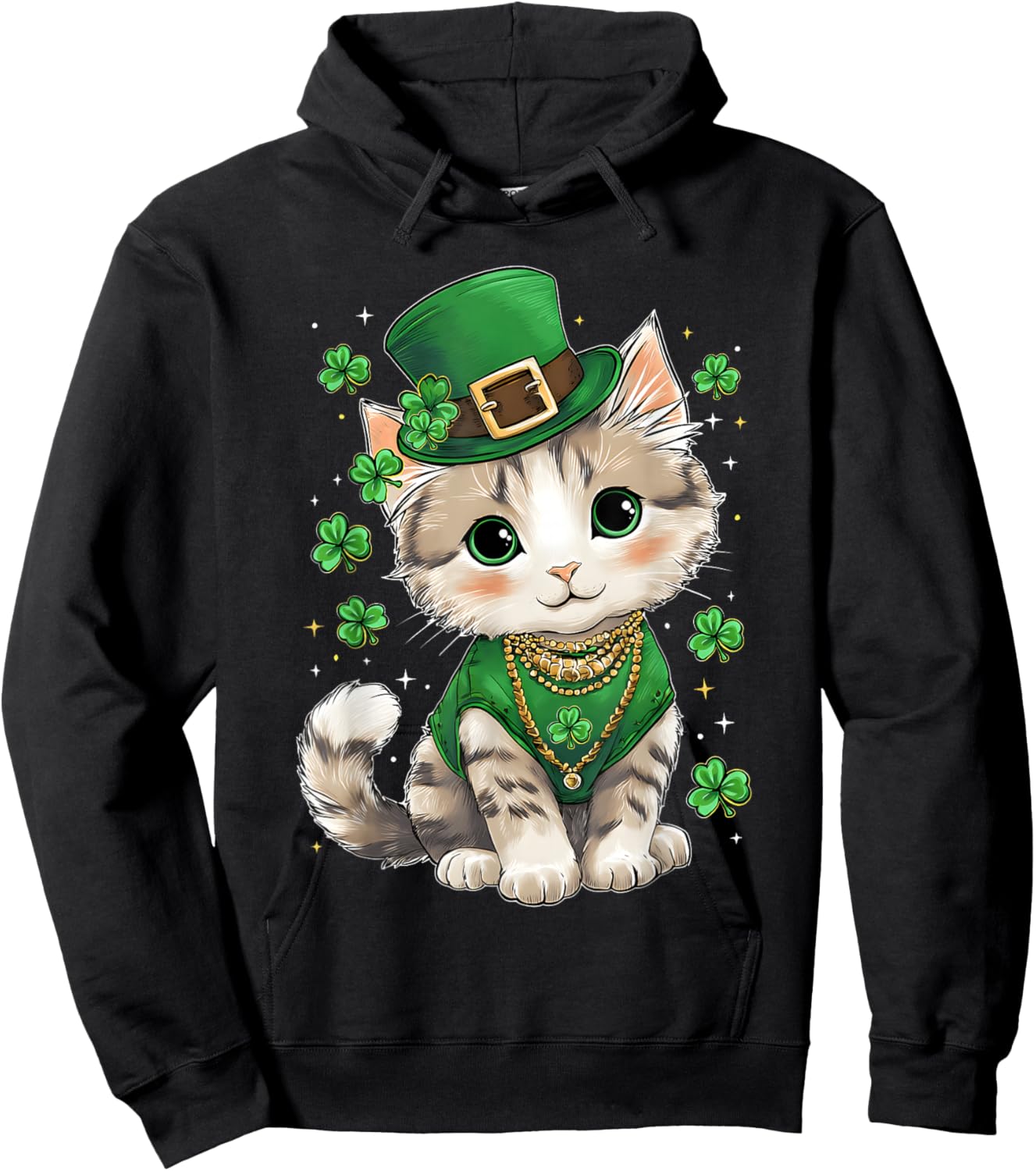 St Patricks Day Cat Leprechaun Hat Shamrock Saint Pattys Day Hoodie - Hoodie | Black