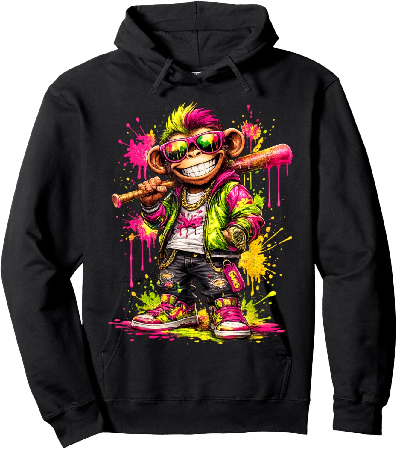 Monkey Baseball Drip Funny Animal Party Sport Cool Graphic Hoodie - Hoodie | Black