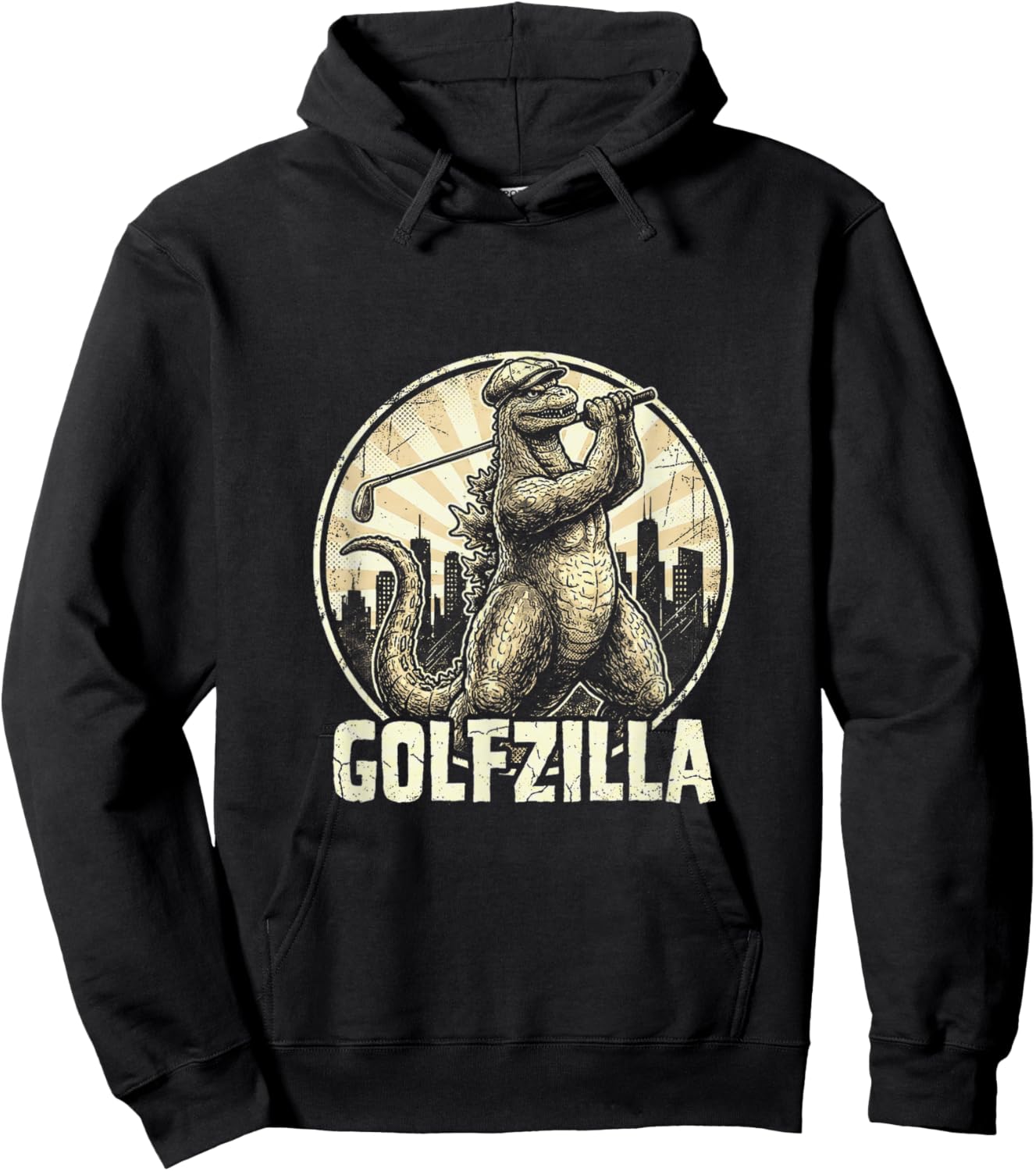 Golfzilla Humorous Giant Reptile Golfer Cityscape Game Hoodie - Hoodie | Black