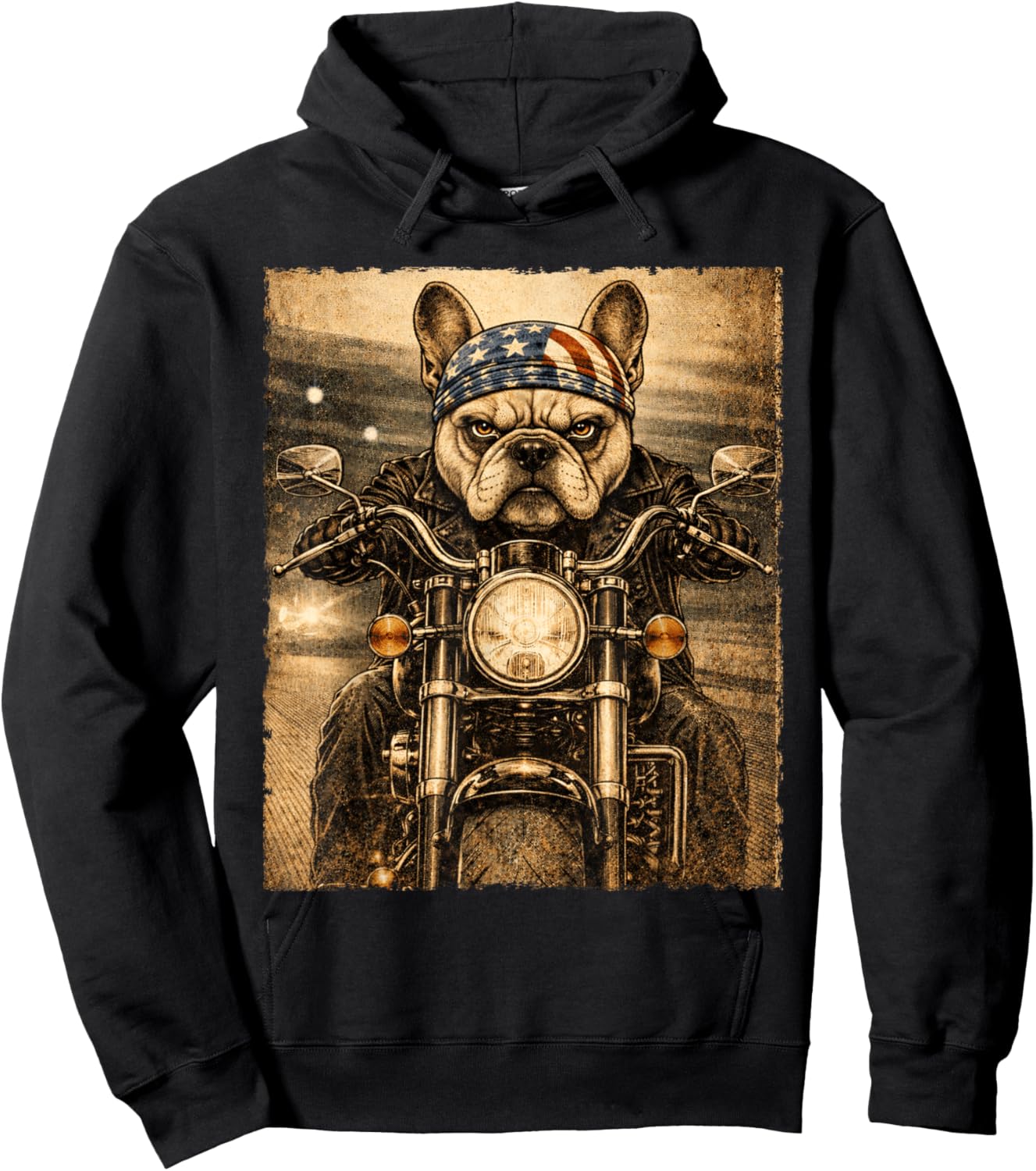 Vintage French Bulldog Dog Biker Frenchie Riding Motorcycle Hoodie - Hoodie | Black