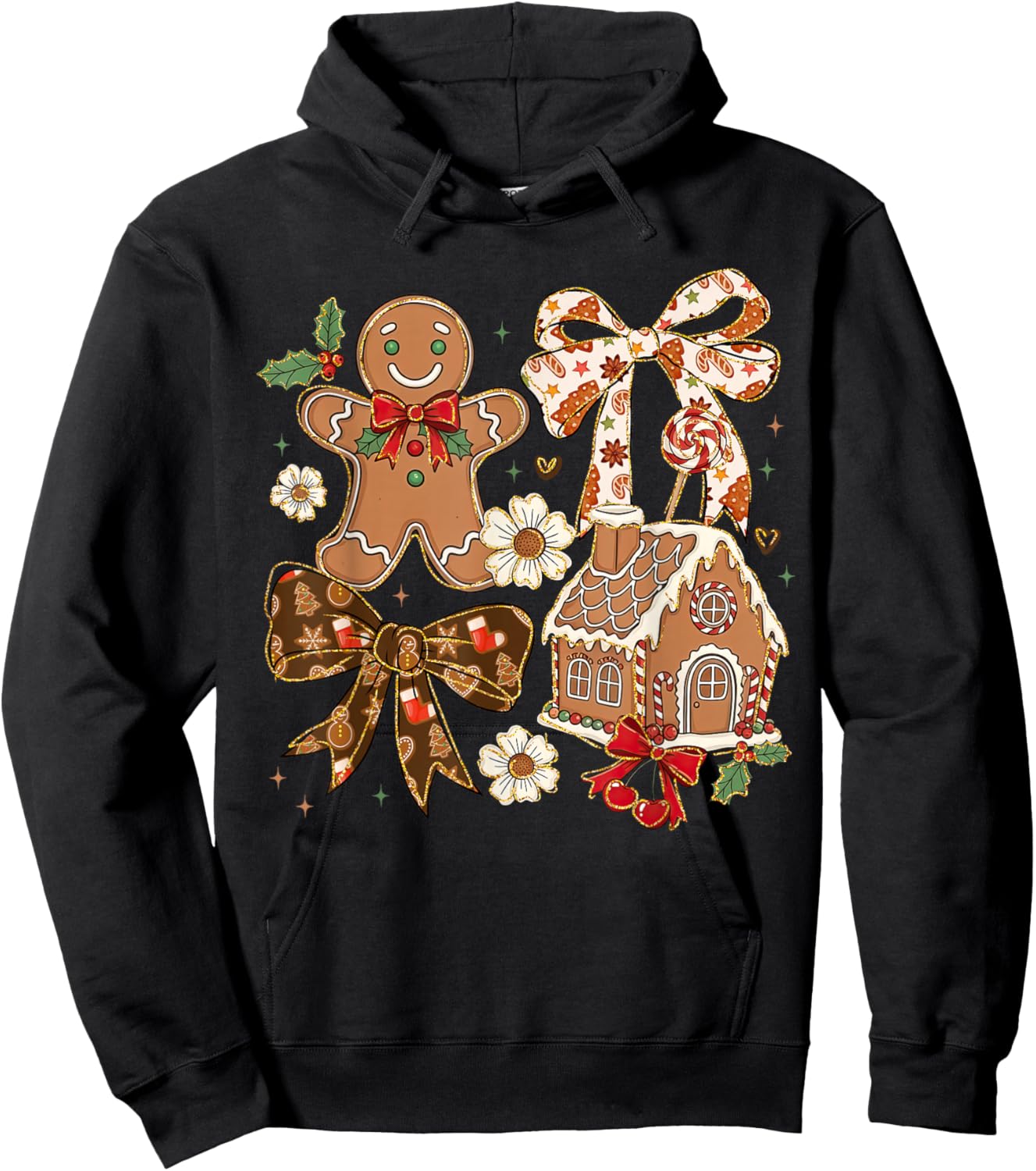 Christmas Gingerbread House Coquette Bow Xmas Girls Women Hoodie - Hoodie | Black