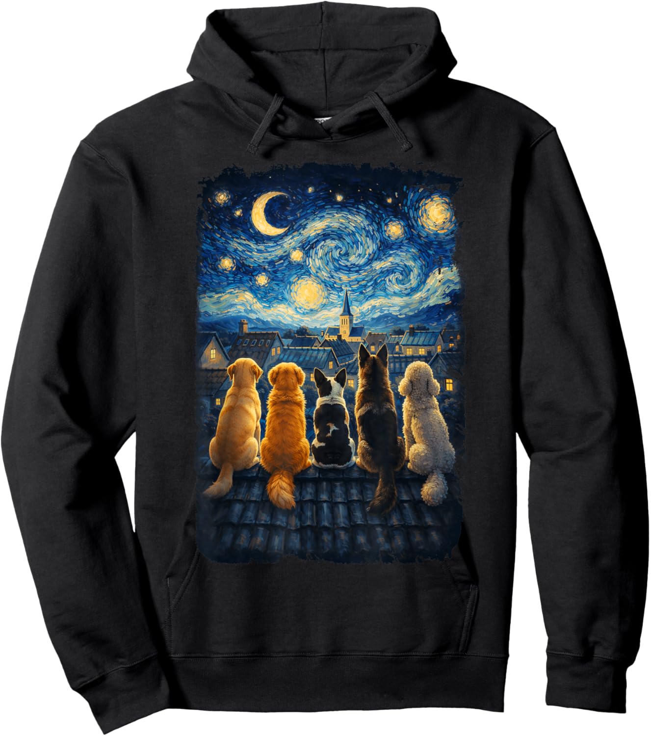 Funny Dog Starry Night Van Gogh Dogs Rooftop Scene Hoodie - Hoodie | Black