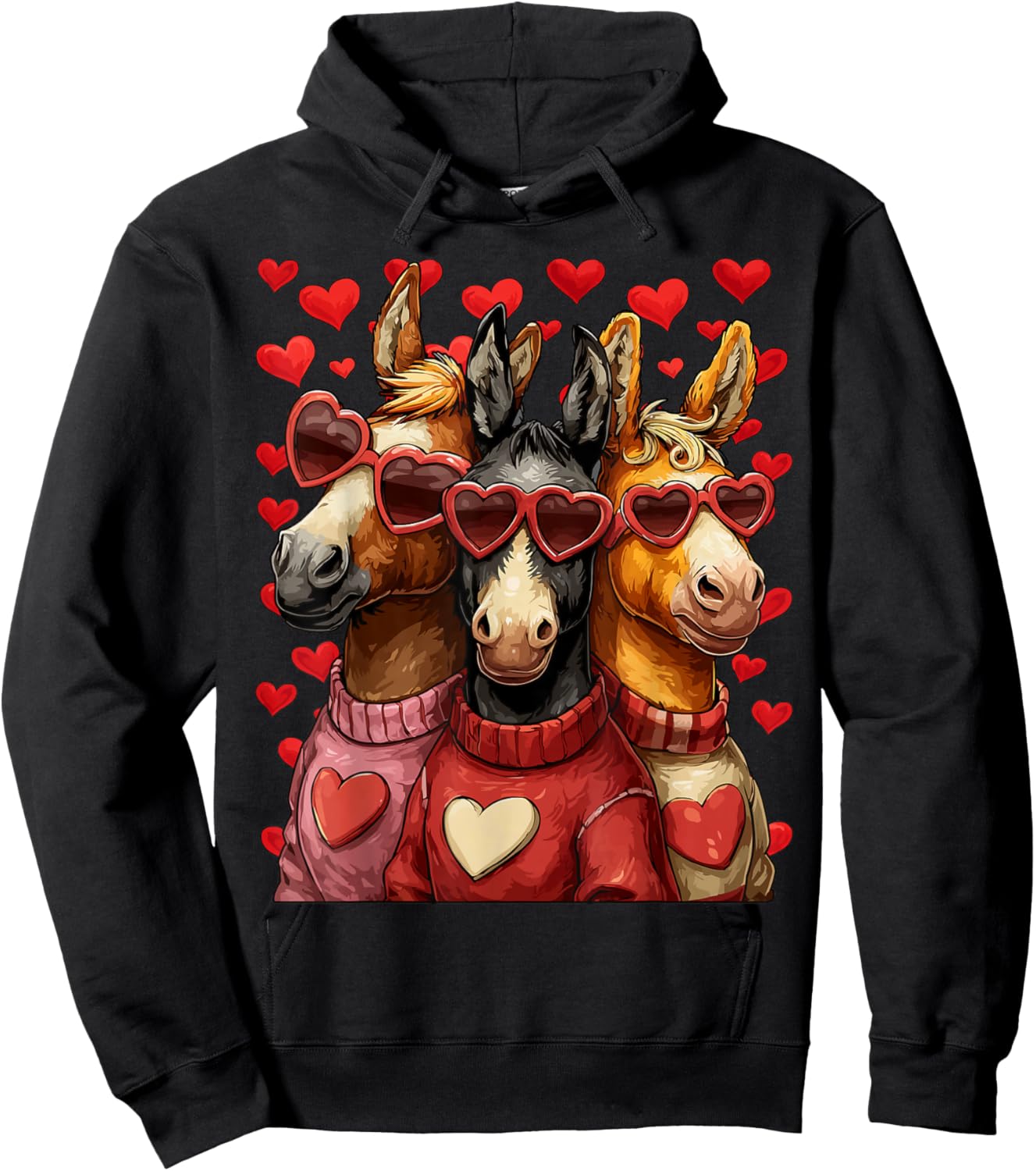 Cute Horses with Heart Sunglasses Valentines Day Hearts Love Hoodie - Hoodie | Black