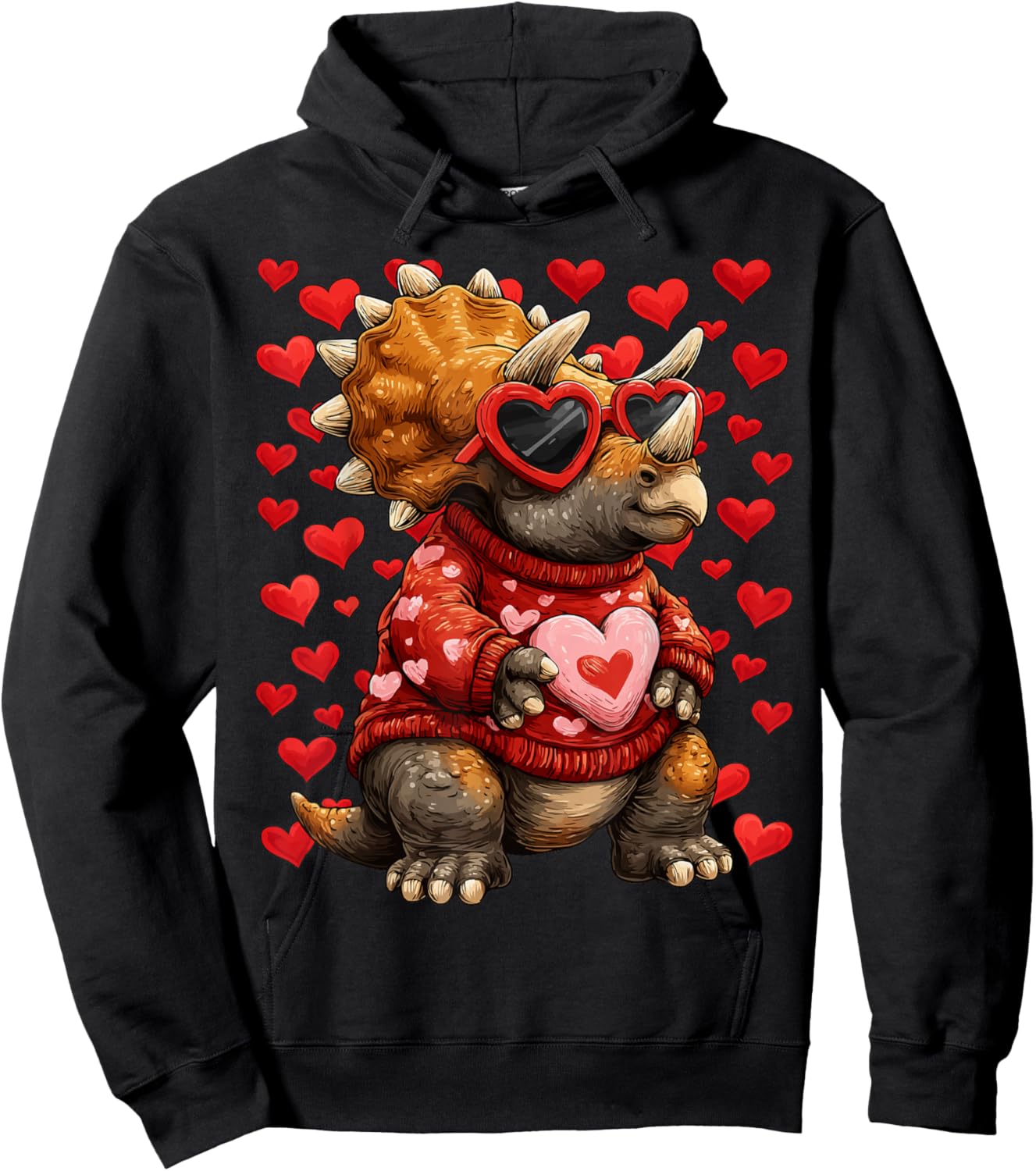 Triceratops with Heart Sunglasses Valentines Day Dinosaurs Hoodie - Hoodie | Black