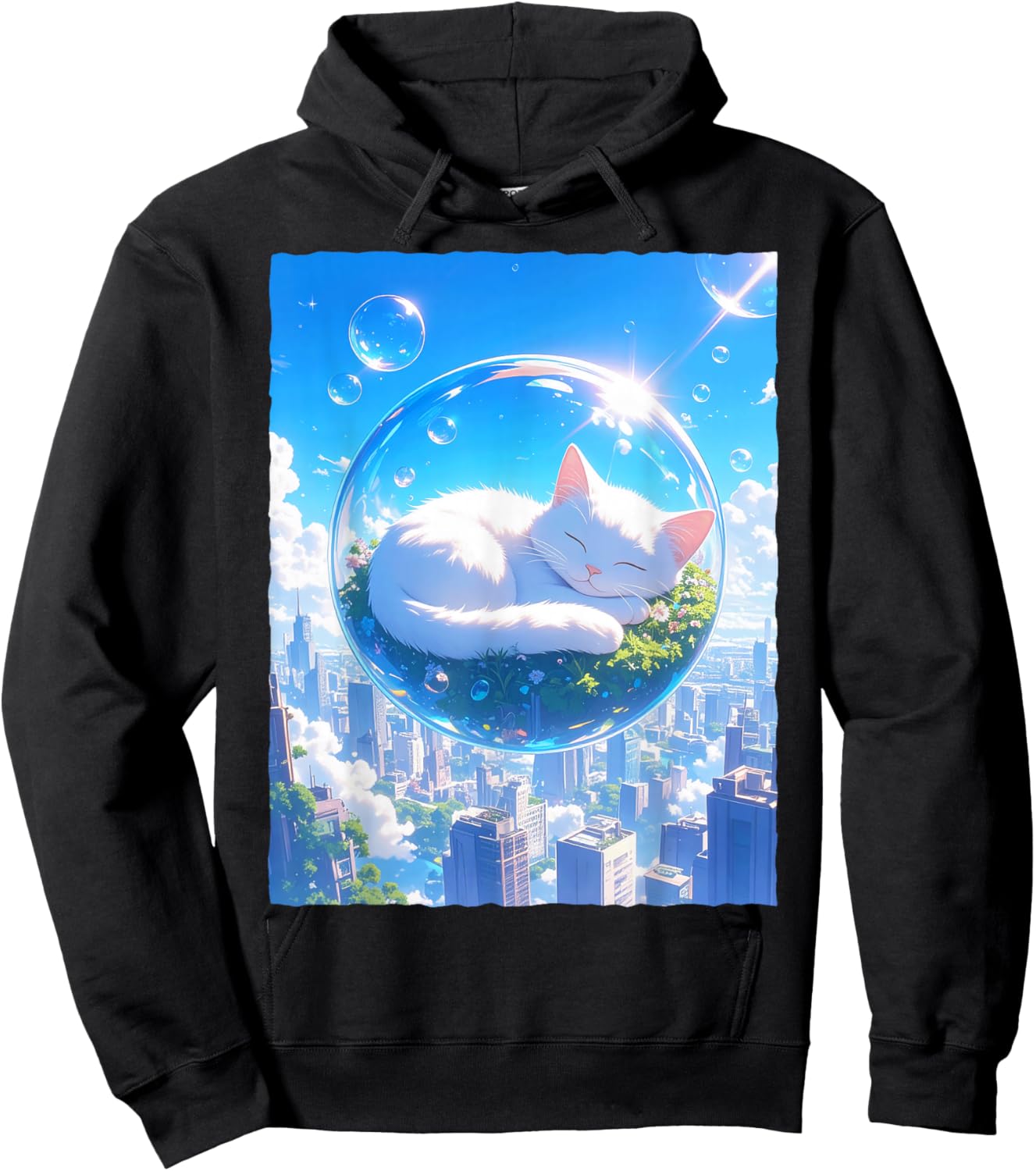 Frutiger Aero Kawaii Sleeping Cat in Bubble Aesthetic Hoodie - Hoodie | Black