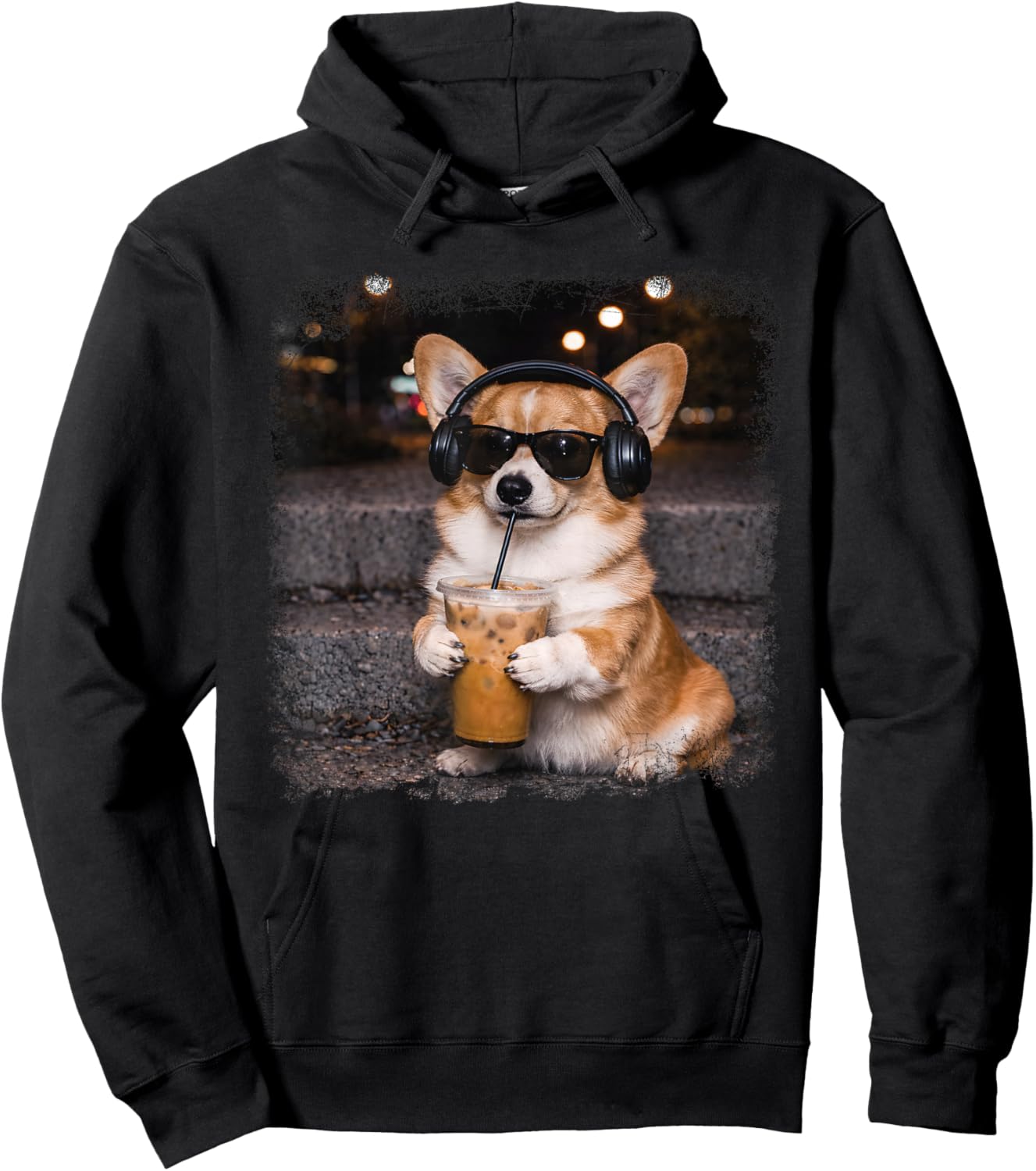 Corgi Drinking Iced Coffee Lover Humor Funny Meme Hoodie - Hoodie | Black