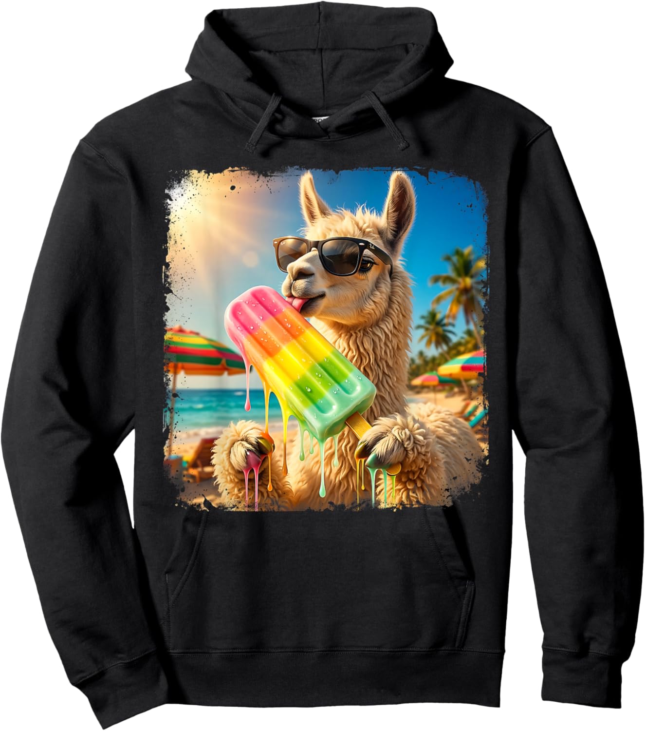 Funny Llama Eating Popsicle Summer Beach Animal Sunglasses Hoodie - Hoodie | Black