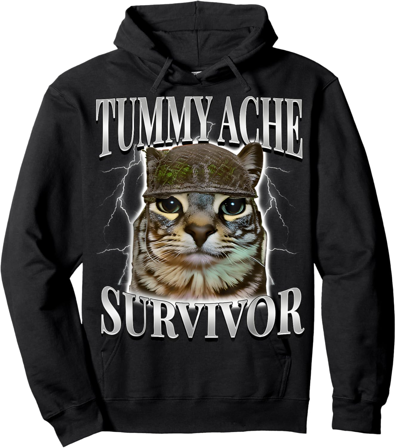 Funny Saying Cats Tummy Ache Survivor Cat Meme Humor Men Hoodie - Hoodie | Black